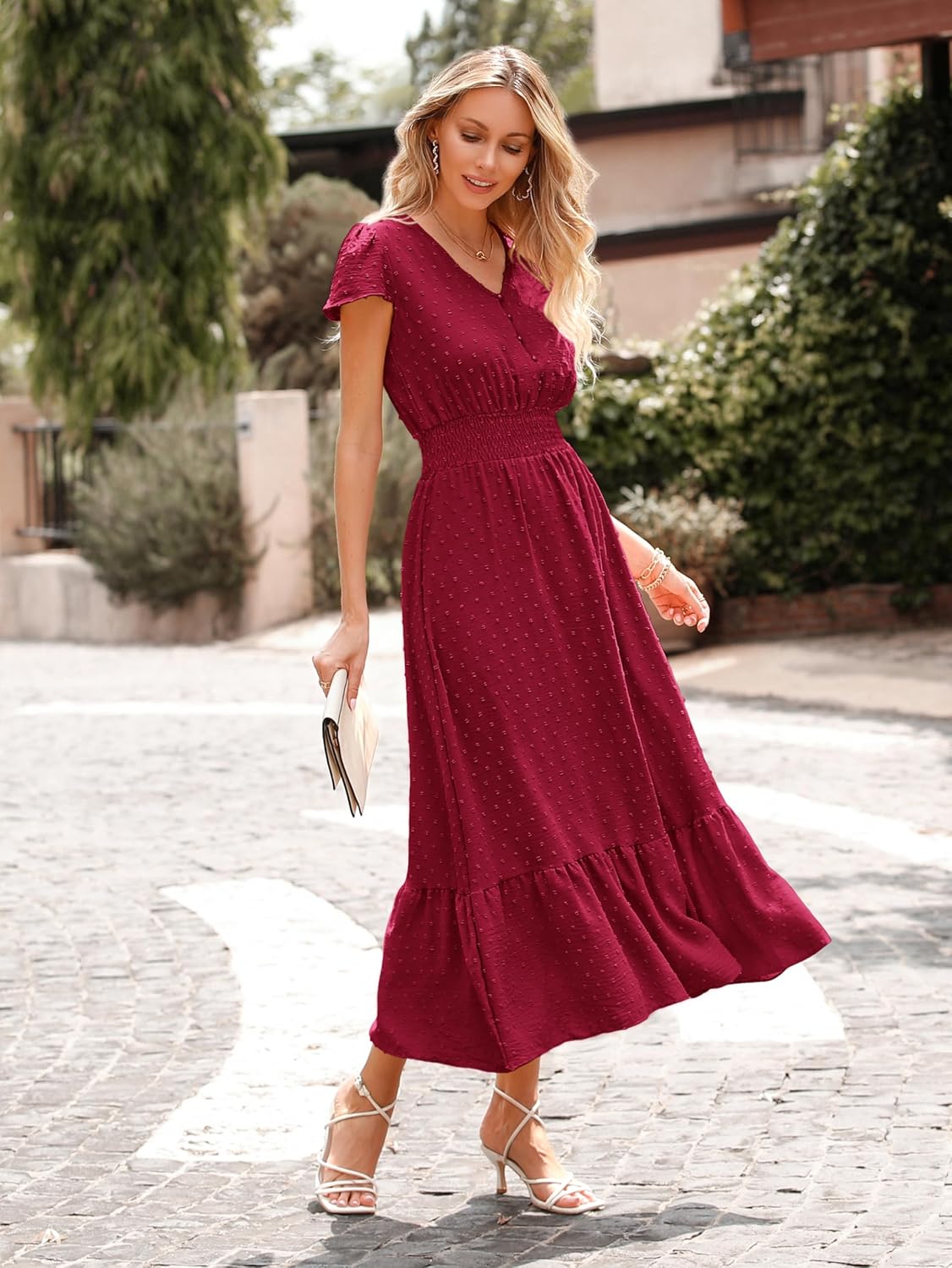PRETTYGARDEN Womens Dresses 2025 Summer Maxi Dress Boho Short Sleeve V Neck Swiss Dot Ruffle Tiered Smocked Flowy Long Dress