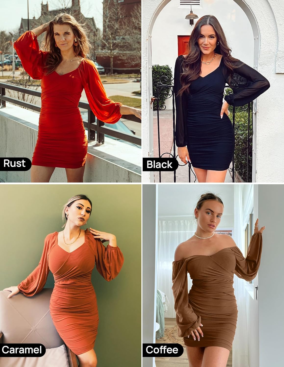 ZESICA Women's Sexy V Neck Ruched Bodycon Mini Dress Puff Long Sleeve Cocktail Wedding Party Short Dresses