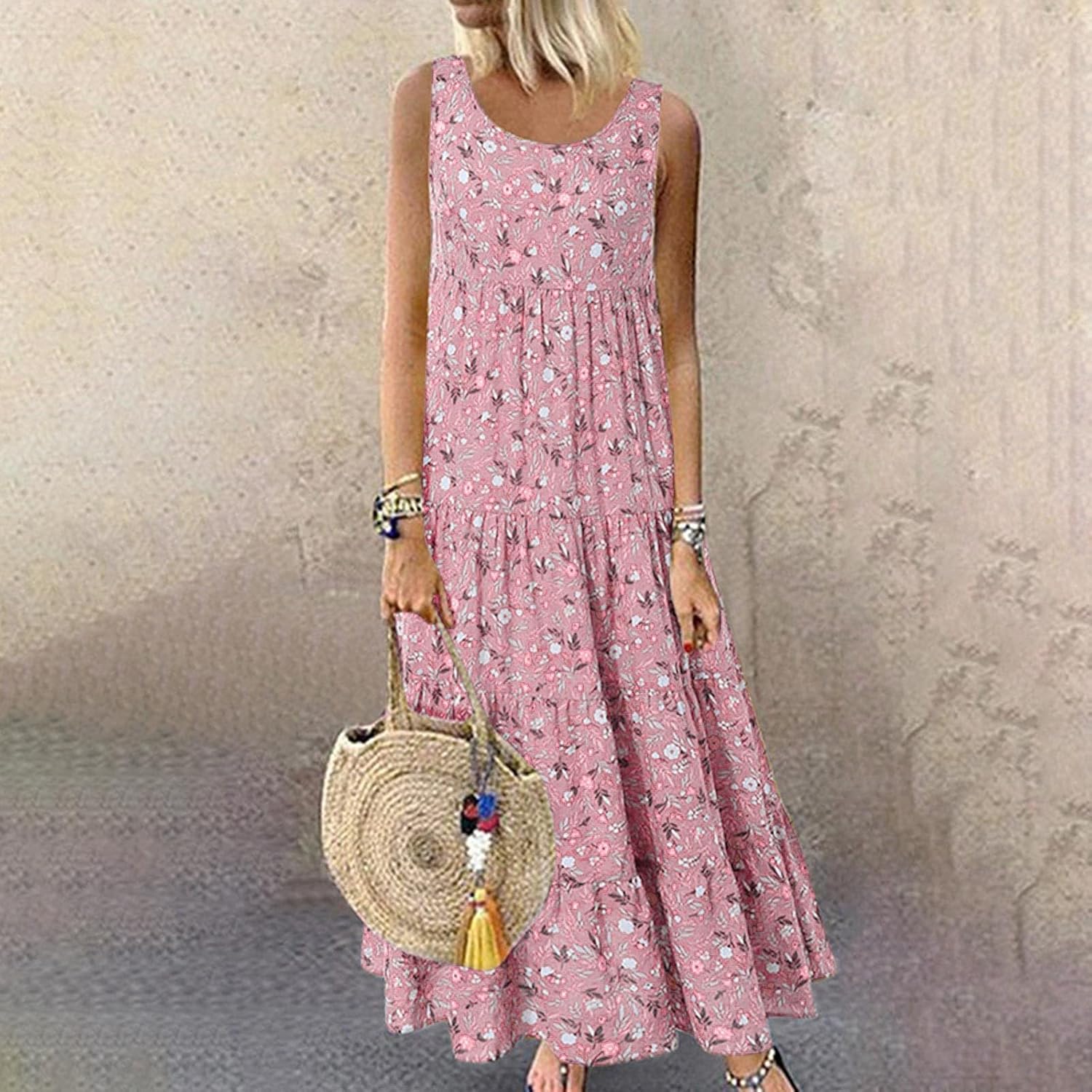 Ceboyel Women Boho Floral Maxi Dresses Flowy Tank Dress Sleeveless Smocked Sundresses Trendy Casual Beach Long Sun Dress