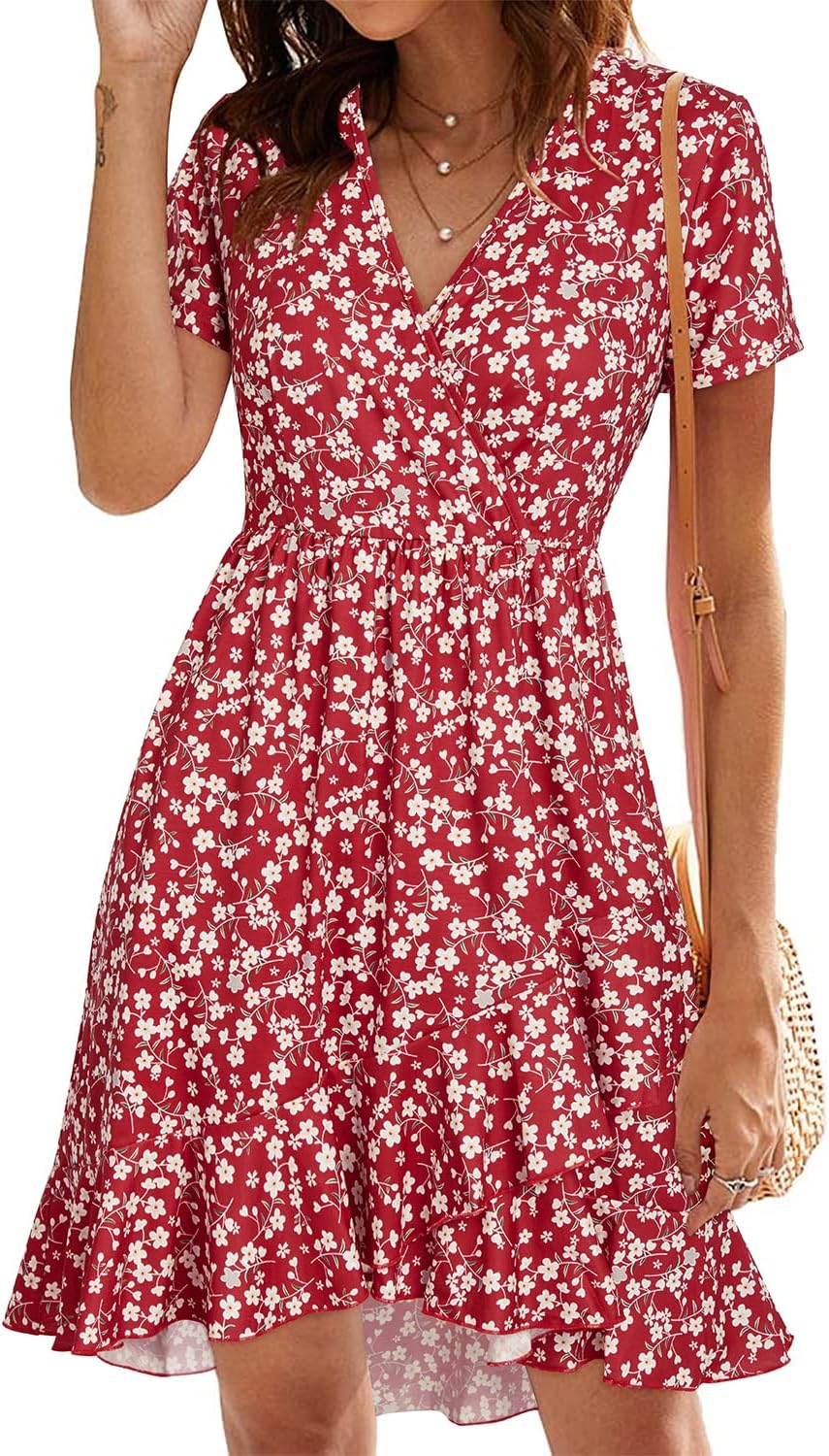 ULTRANICE Womens Summer Dresses Floral V Neck Ruffled Hem Spaghetti Spring Casual Beach Outfits Flowy Wrap Sun Dress