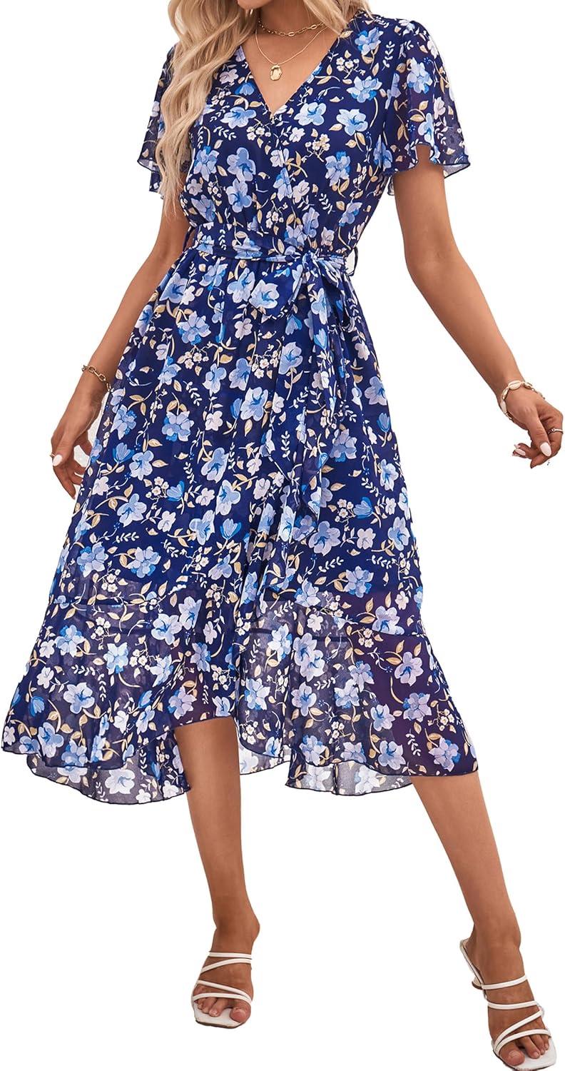 PRETTYGARDEN Women's Summer Floral Boho Dress Wrap V Neck Short Sleeve Ruffle A-Line Flowy Maxi Wedding Guest Dresses