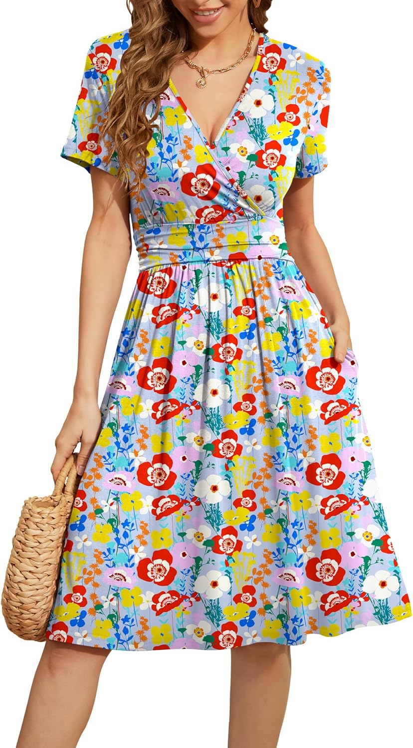WEACZZY Women's Summer Short Sleeve Casual Dresses V-Neck Floral Party Dress with Pockets