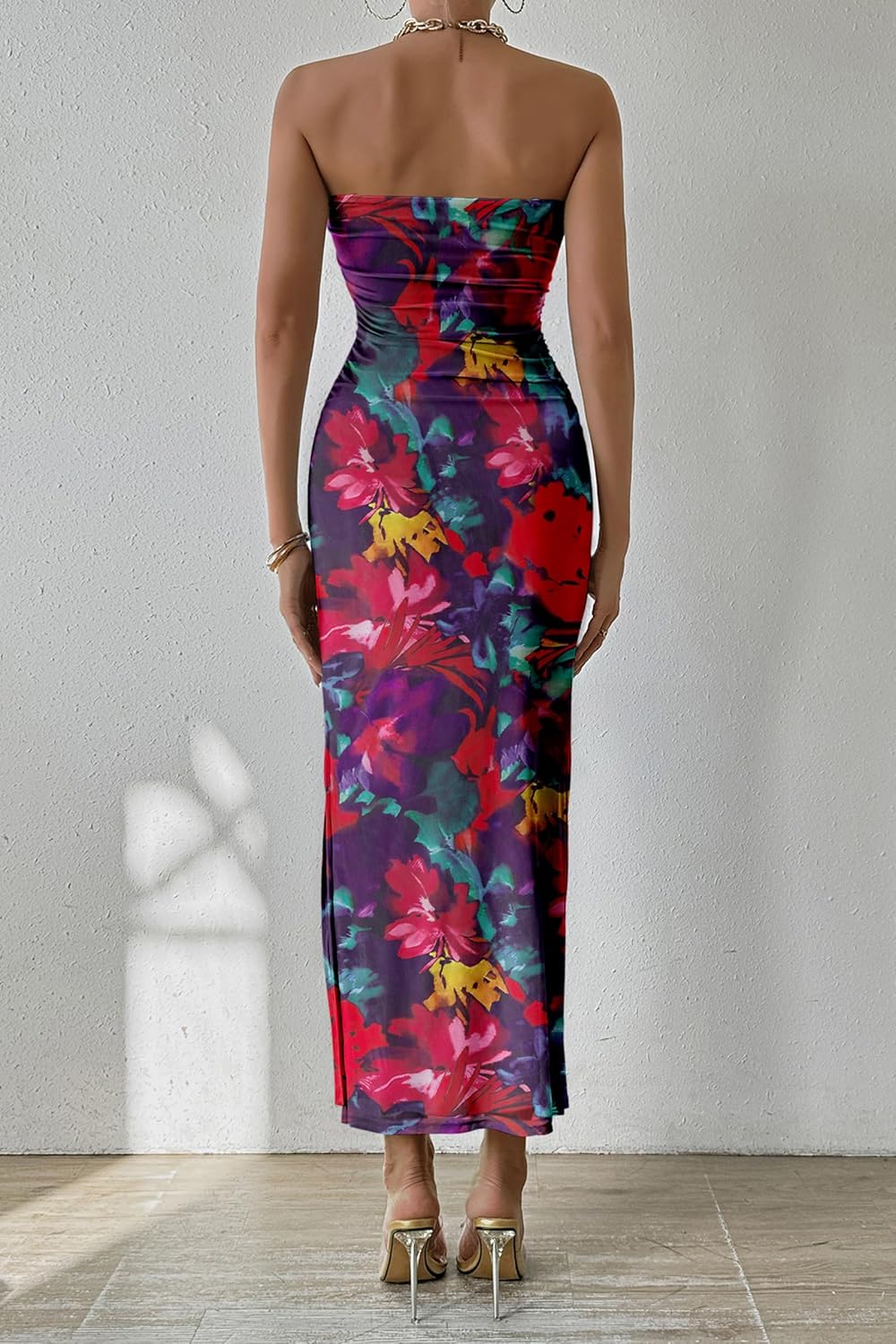 PRETTYGARDEN Women's Summer Maxi Bodycon Dresses Strapless Tube Top Printed Long Party Club Slit Dress