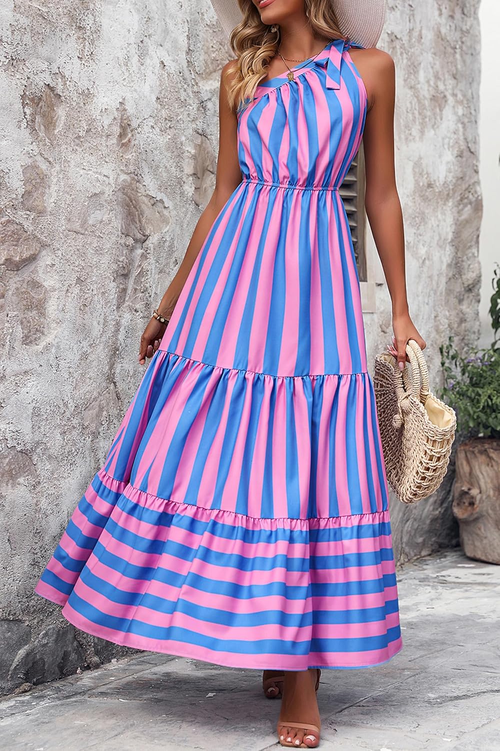 PRETTYGARDEN Women's Summer Floral Maxi Dress Knot One Shoulder Sleeveless Ruffle Flowy Boho Beach Wedding Guest Dresses