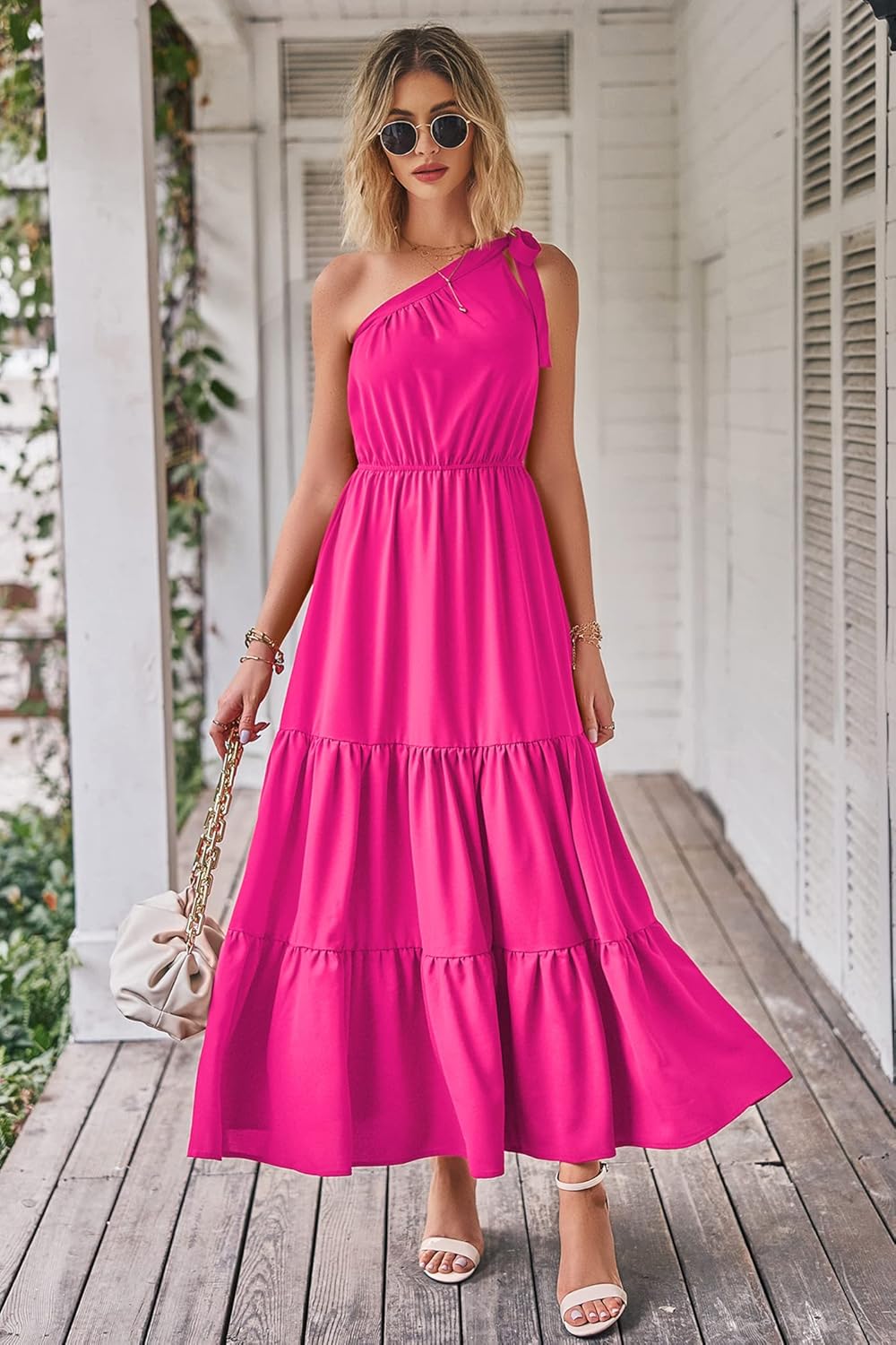 PRETTYGARDEN Women's Summer Floral Maxi Dress Knot One Shoulder Sleeveless Ruffle Flowy Boho Beach Wedding Guest Dresses