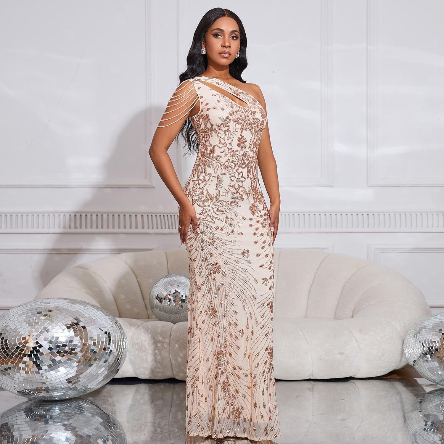 Cololura Women Sequin Elegant Sexy One Shoulder Tassel Mermaid Bodycon Cocktail Evening Dress