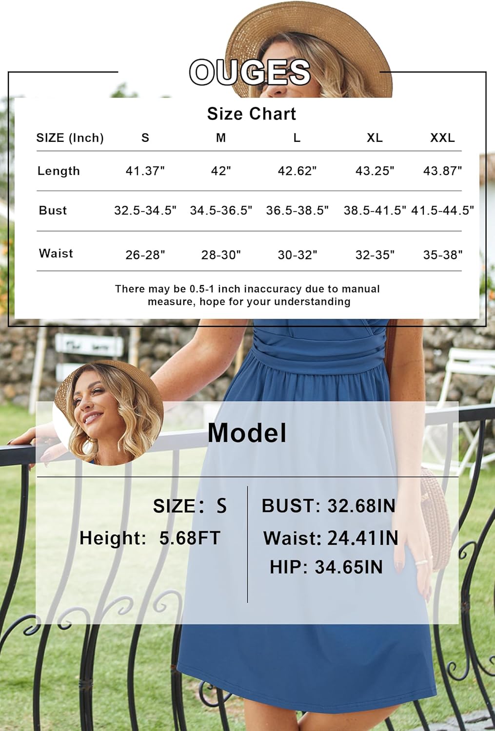 OUGES Women's Summer Short Sleeve V-Neck Floral Short Party Dress with Pockets
