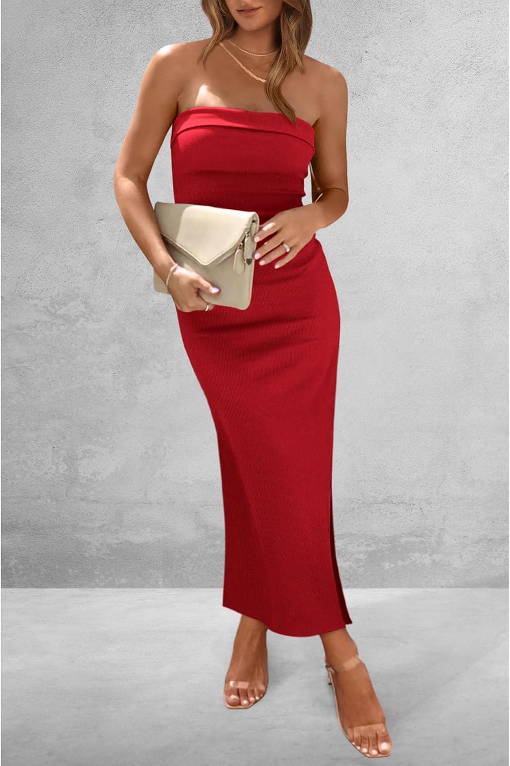 PRETTYGARDEN Women's Summer Bodycon Maxi Tube Dress Ribbed Strapless Side Slit Long Going Out Casual Elegant Party Dresses