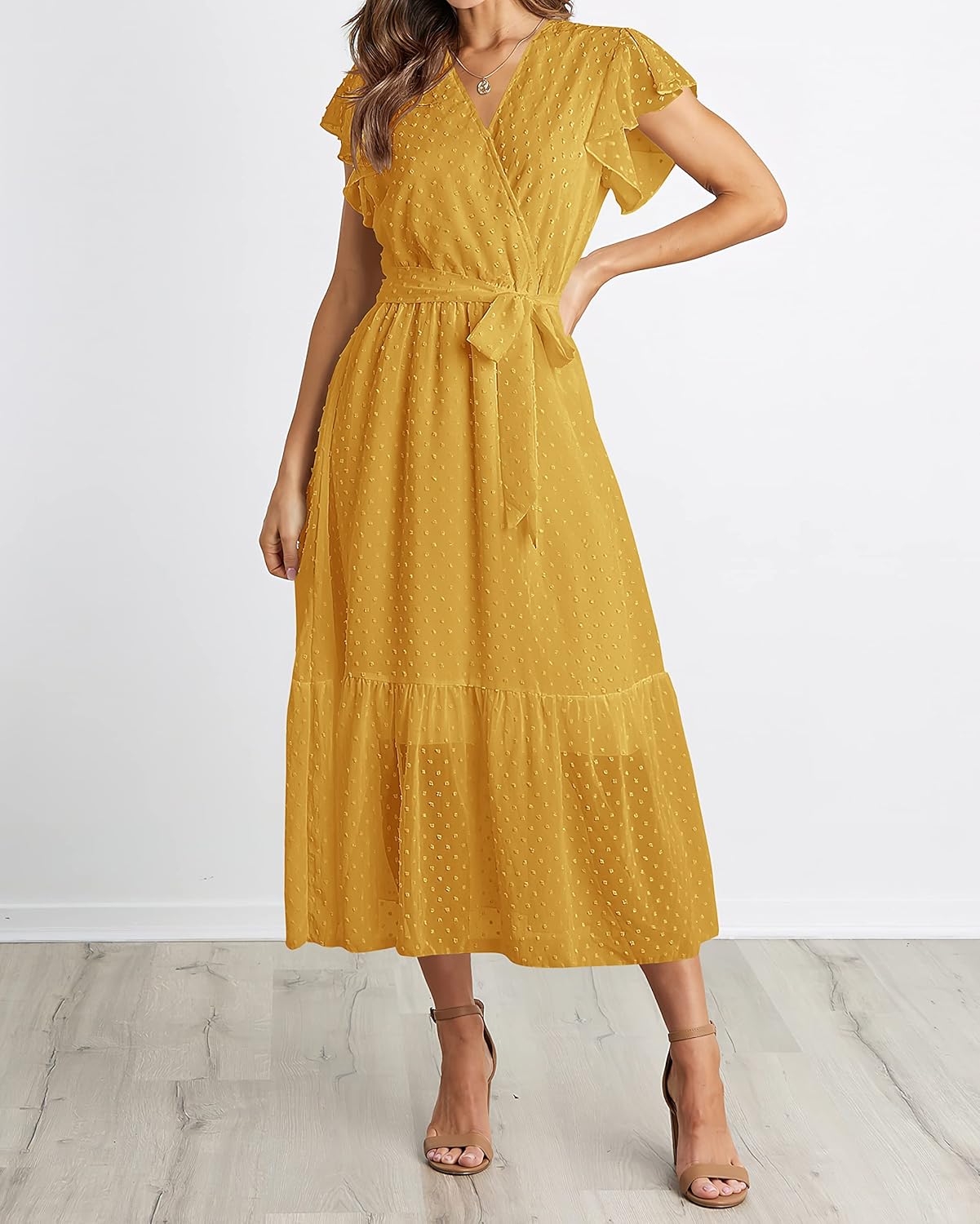 BTFBM Women Summer Bohemian Floral Casual Wrap V Neck Ruffle Cap Sleeveless Belt A-Line Pleated Hem Midi Sun Dress White