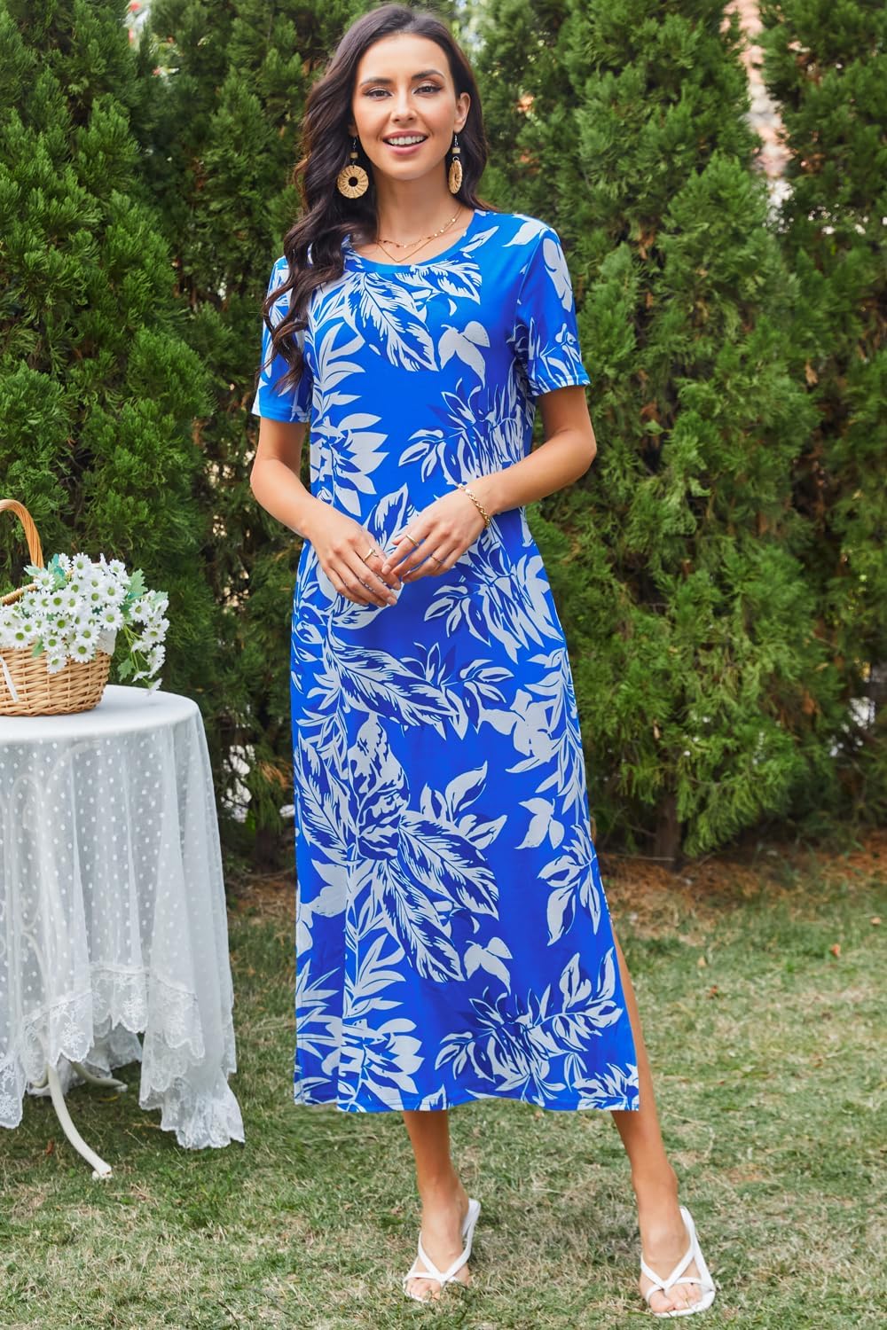 Naggoo Women's Short Sleeve Split Maxi Dress Casual Plain Tie Dye Print Tshirt Long Dresses with Pockets
