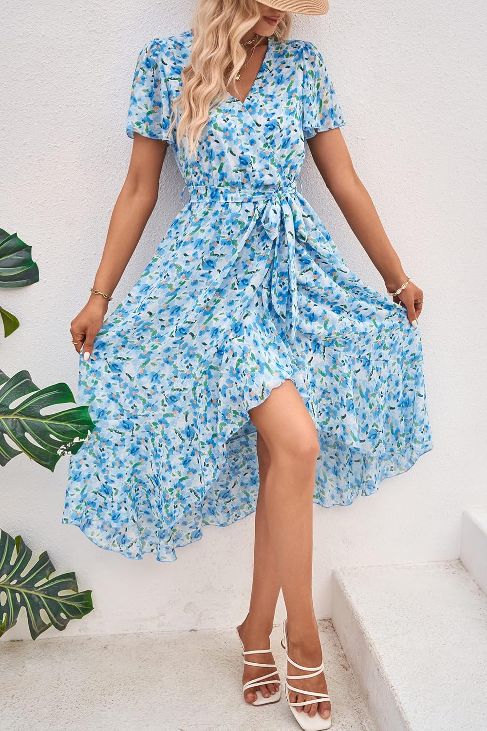 PRETTYGARDEN Women's Summer Floral Boho Dress Wrap V Neck Short Sleeve Ruffle A-Line Flowy Maxi Wedding Guest Dresses