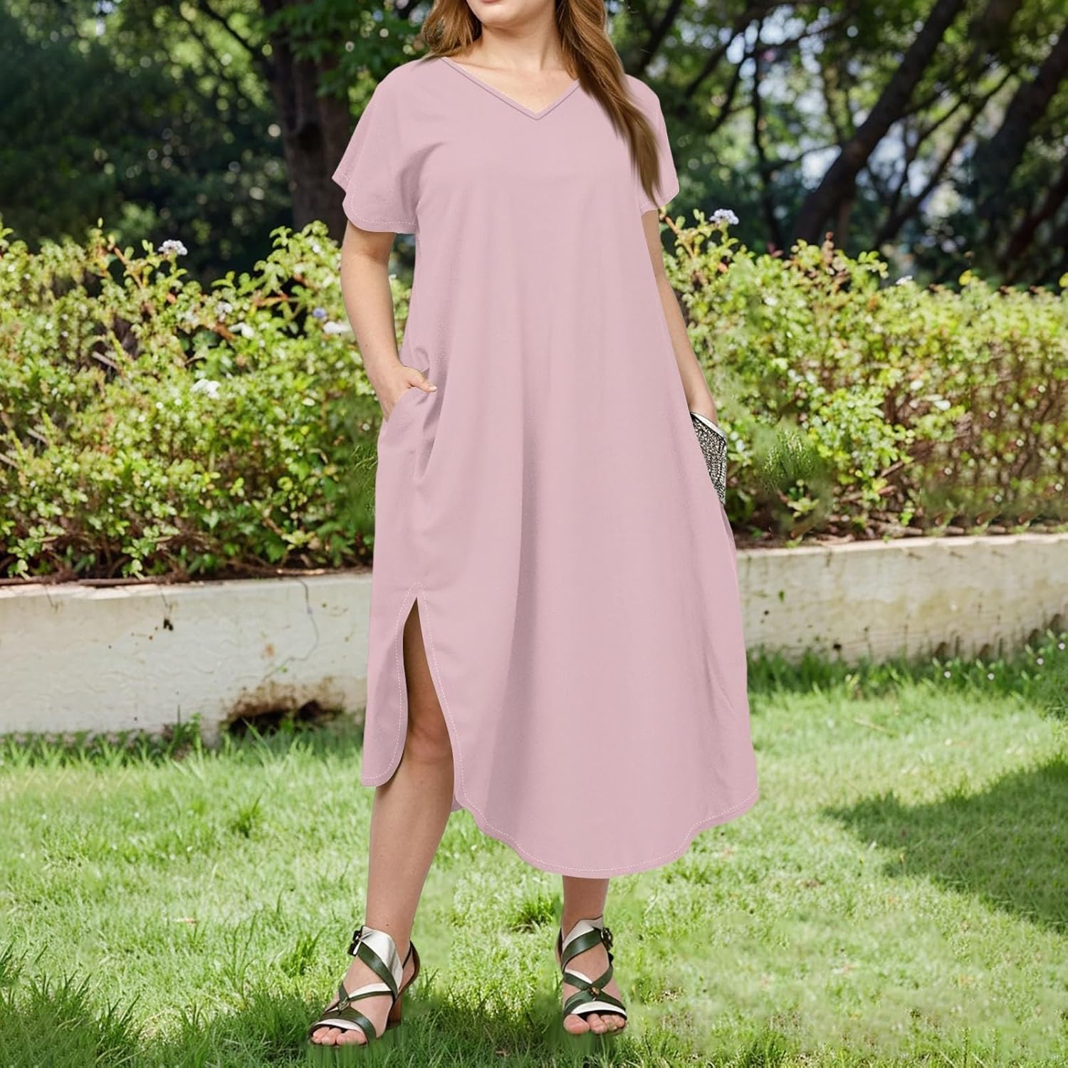 Maxi Dresses for Women 2025 Plus Size Tie Dye V Neck Dress Short Sleeve Side Split Beach Summer Sundress with Pocket