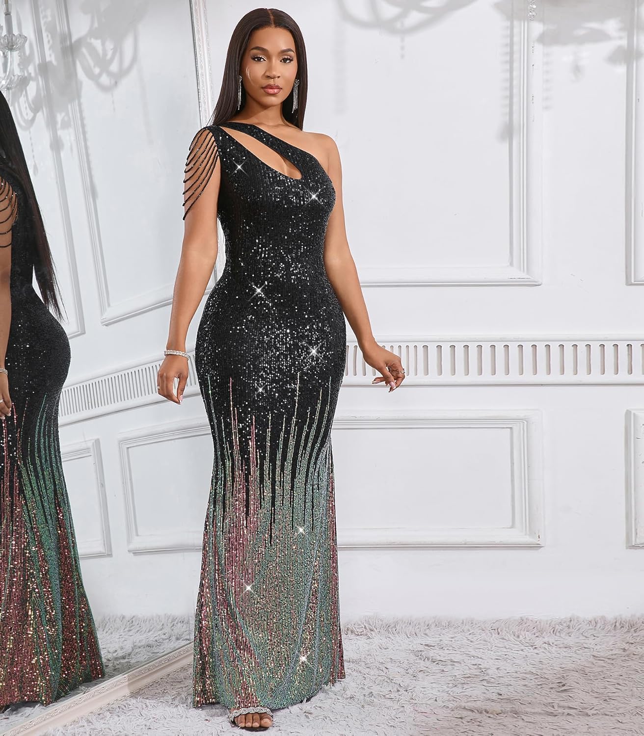 Cololura Women Sequin Elegant Sexy One Shoulder Tassel Mermaid Bodycon Cocktail Evening Dress