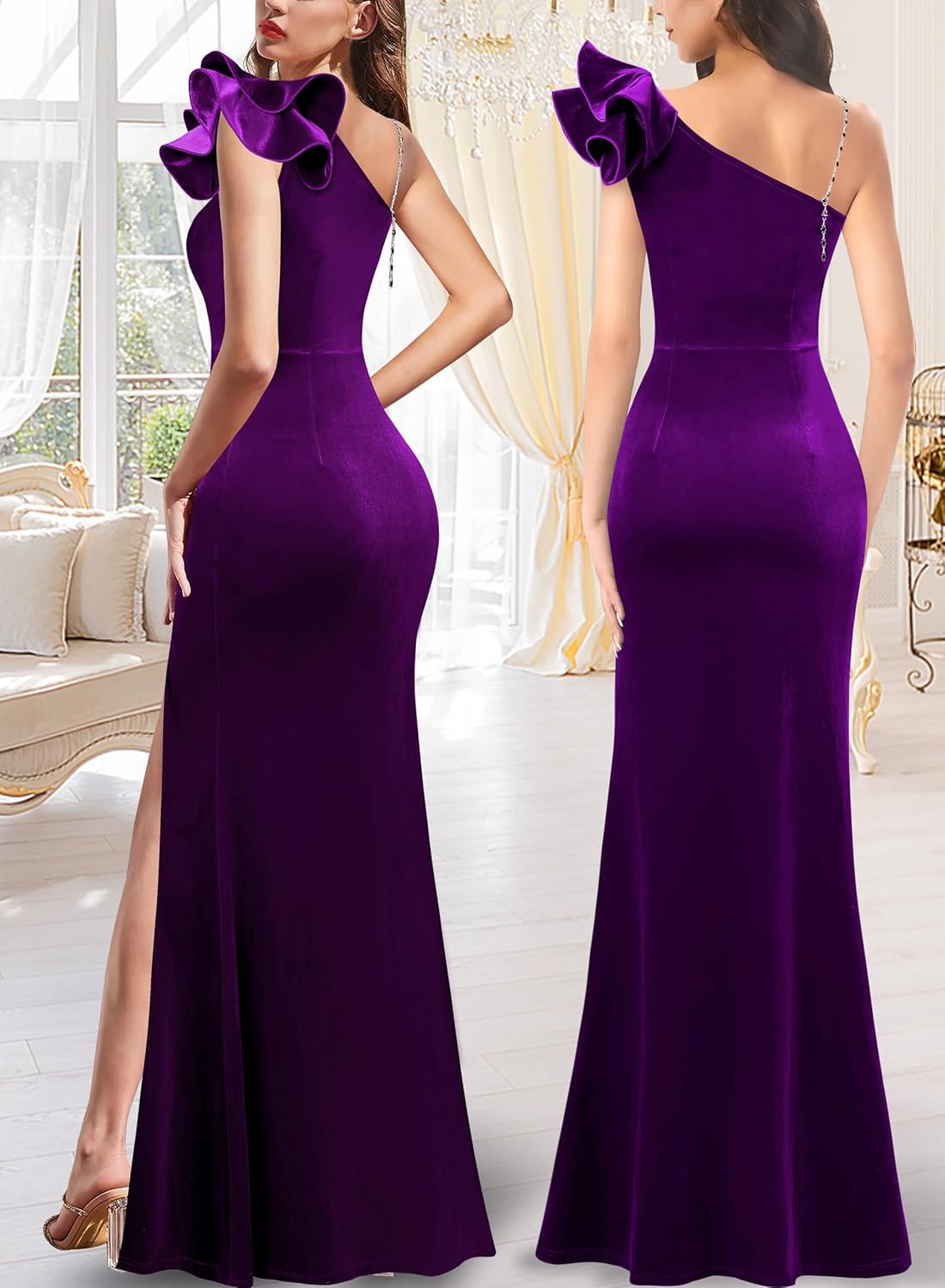 VFSHOW Womens Ruffle One Shoulder Strap Ruched Formal Prom Wedding Maxi Dress V Neck Elegant Split Cocktail Evening Long Gown