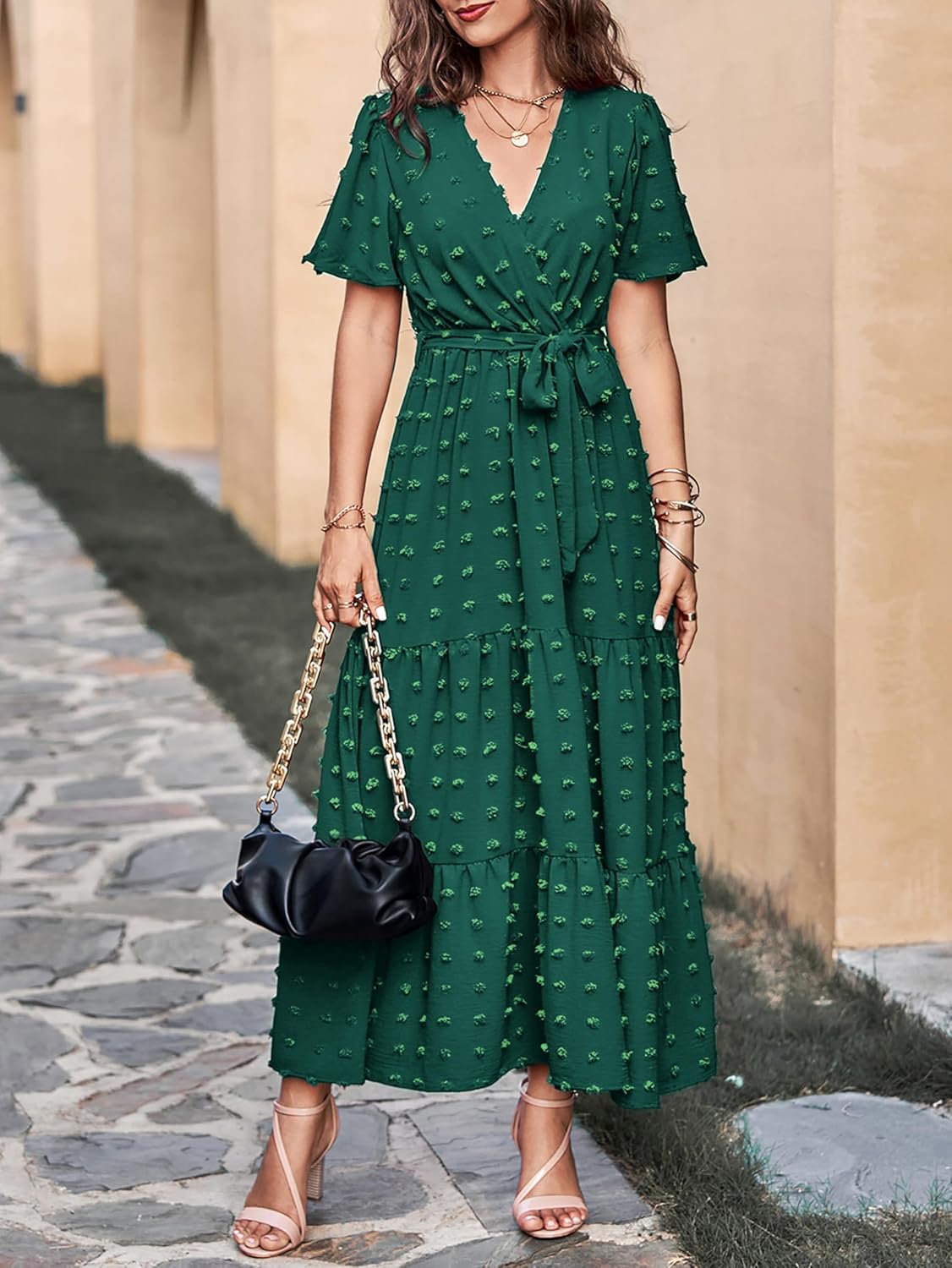 MASCOMODA Womens Boho Swiss Dot Maxi Dresses Wrap V Neck Flutter Short Sleeve Solid Tie Belt A Line Tiered Flowy Long Dress