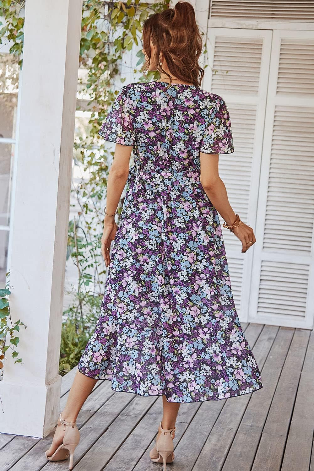 PRETTYGARDEN Women's Summer Floral Boho Dress Wrap V Neck Short Sleeve Ruffle A-Line Flowy Maxi Wedding Guest Dresses