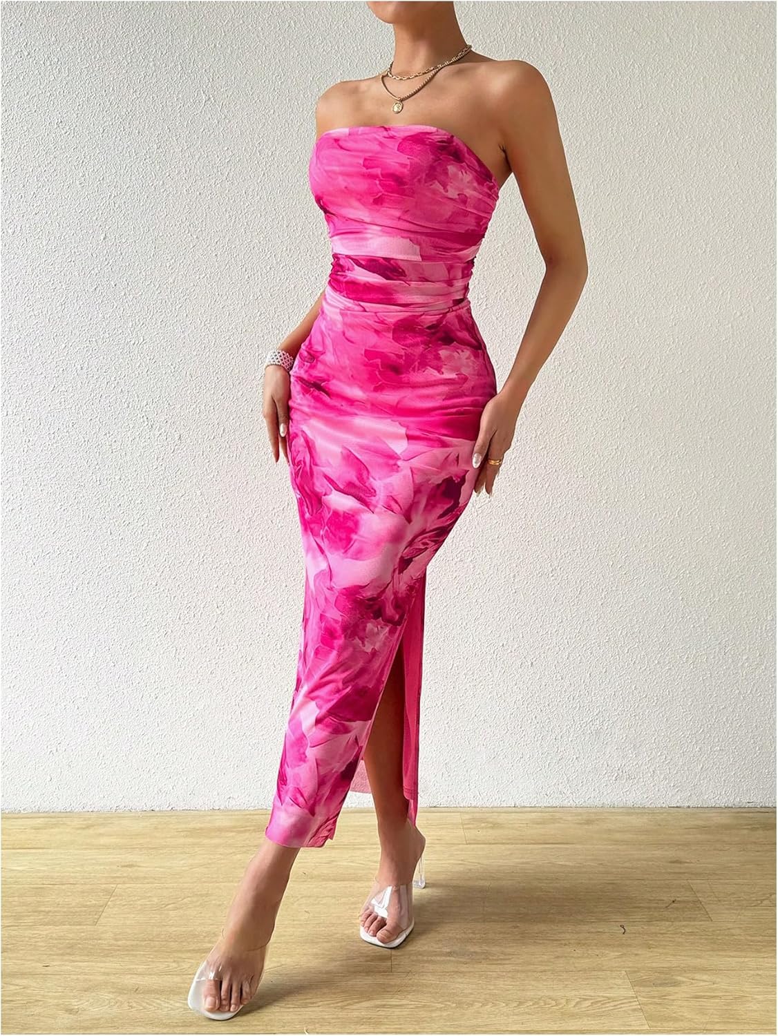 Milumia Women's Printed Strapless Tube Top Long Dress Slit Hem Sleeveless Bodycon Maxi Dresses