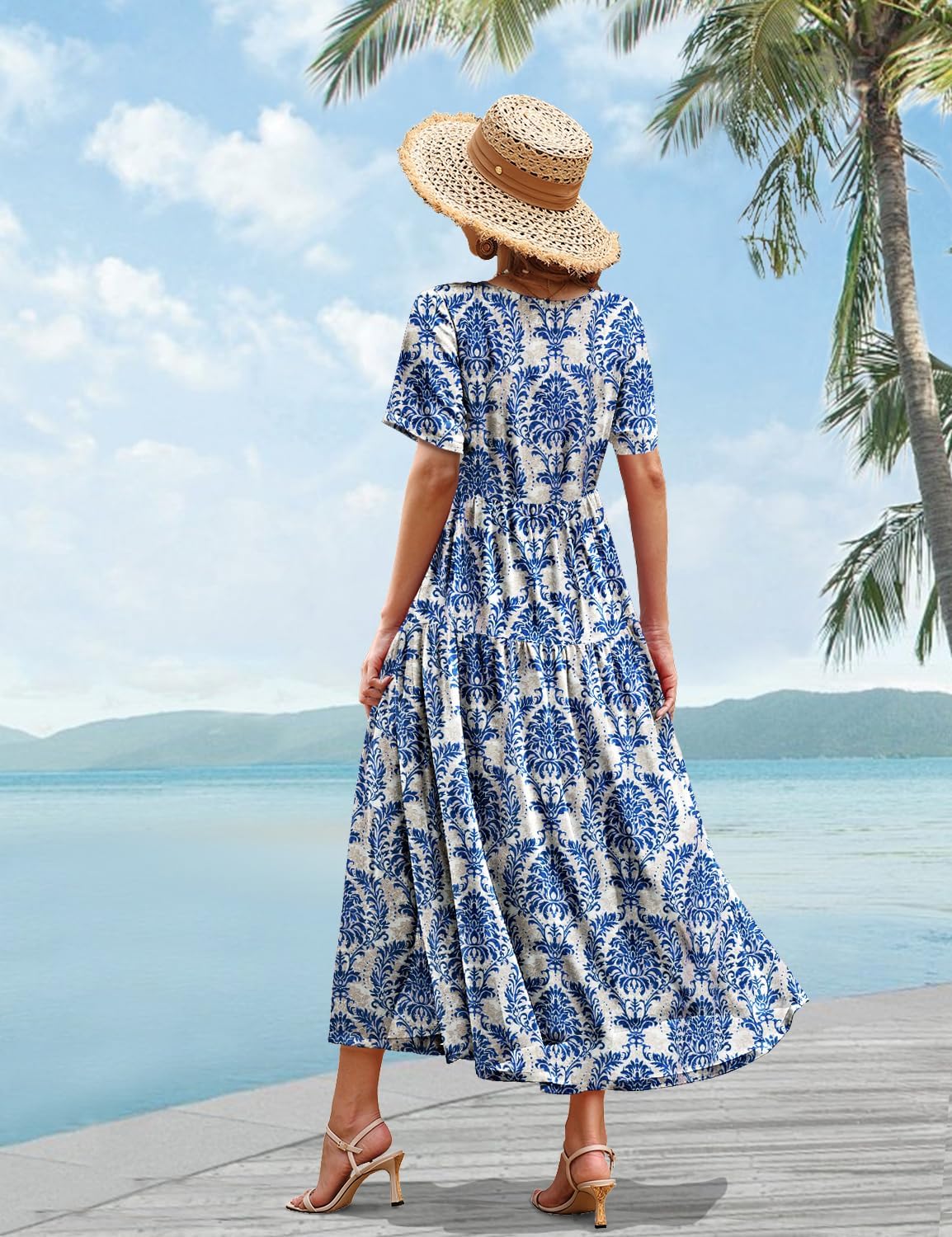 YESNO Women Casual Loose Bohemian Floral Dress with Pockets Short Sleeve Long Maxi Summer Beach Swing Dress EJF