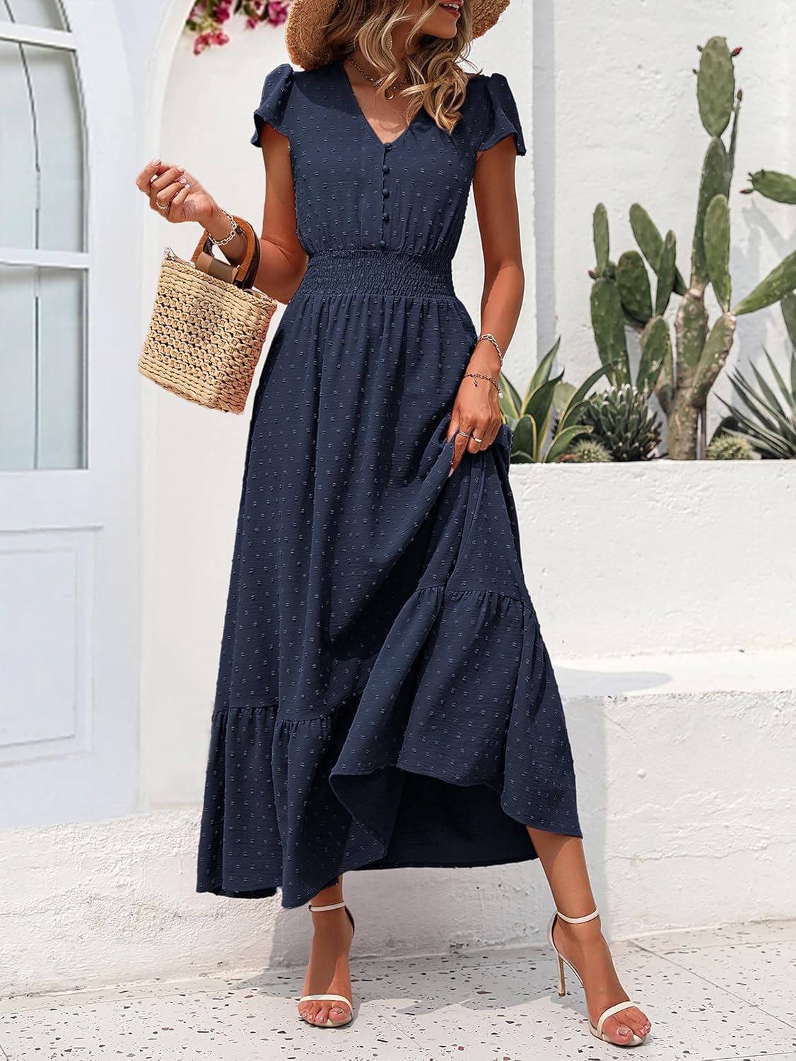 PRETTYGARDEN Womens Dresses 2025 Summer Maxi Dress Boho Short Sleeve V Neck Swiss Dot Ruffle Tiered Smocked Flowy Long Dress