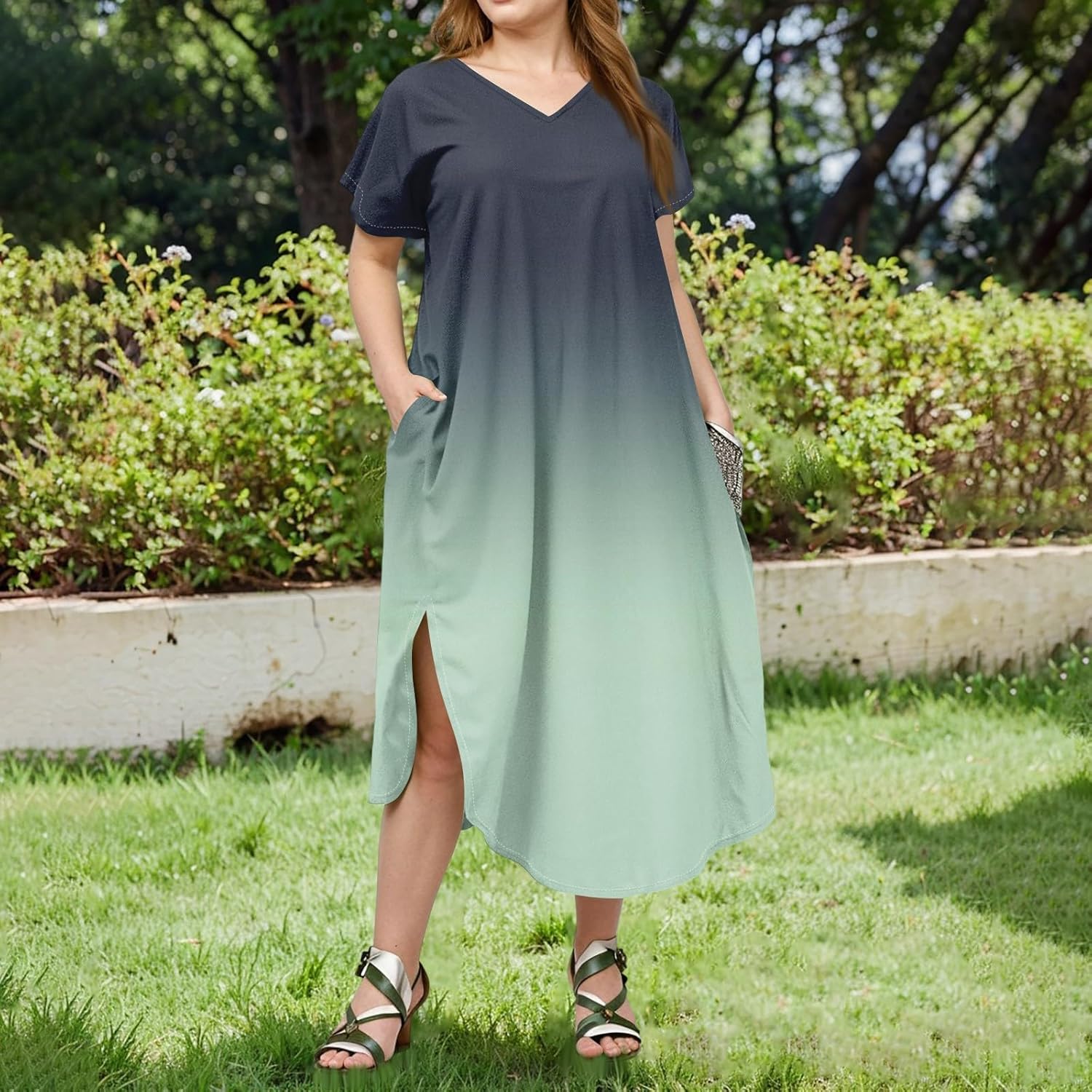 Maxi Dresses for Women 2025 Plus Size Tie Dye V Neck Dress Short Sleeve Side Split Beach Summer Sundress with Pocket