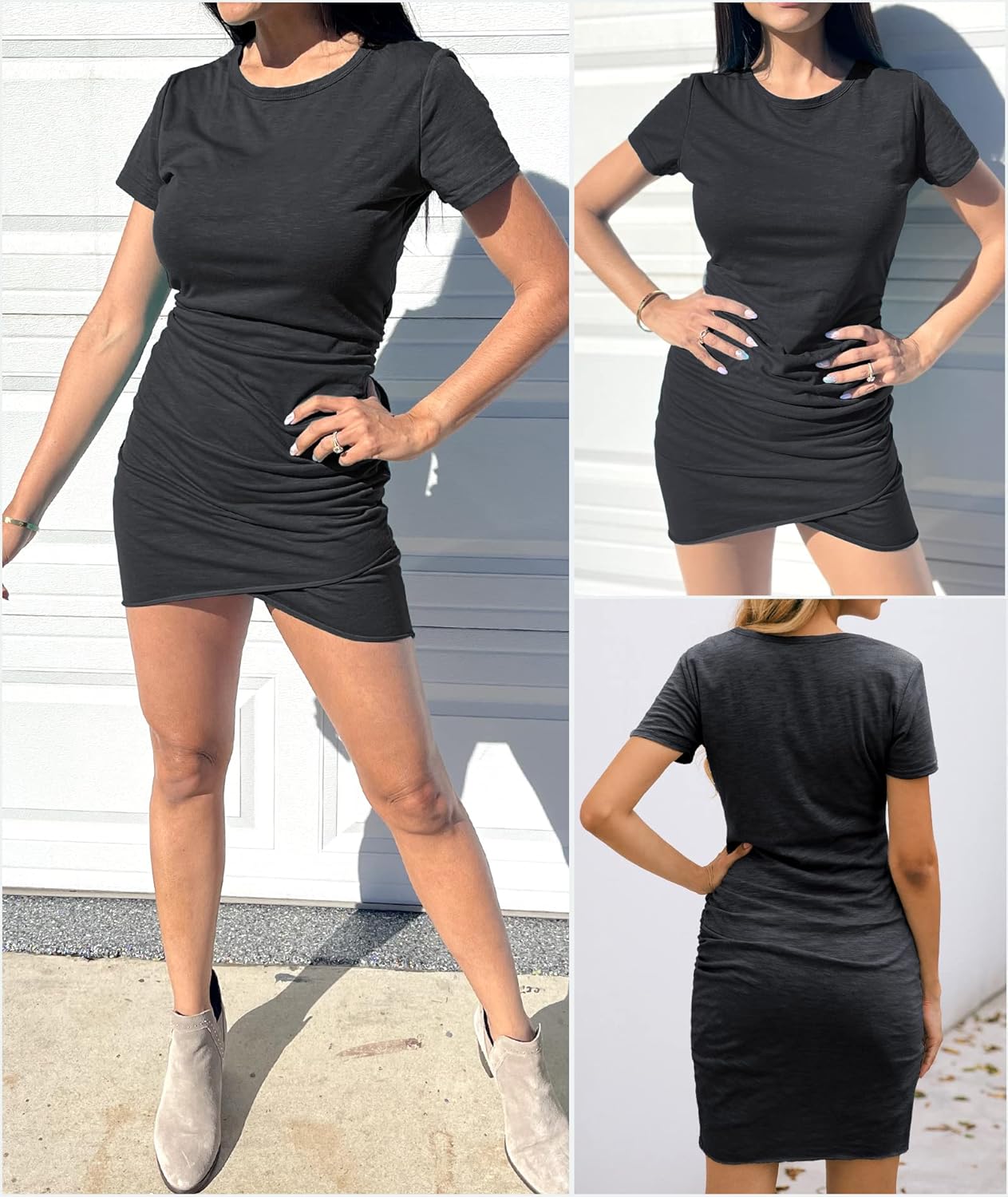 BTFBM Women's 2025 Summer Casual Beach Dresses Crew Neck Short Sleeve Wrap Party Club Mini Ruched Bodycon T Shirt Dress