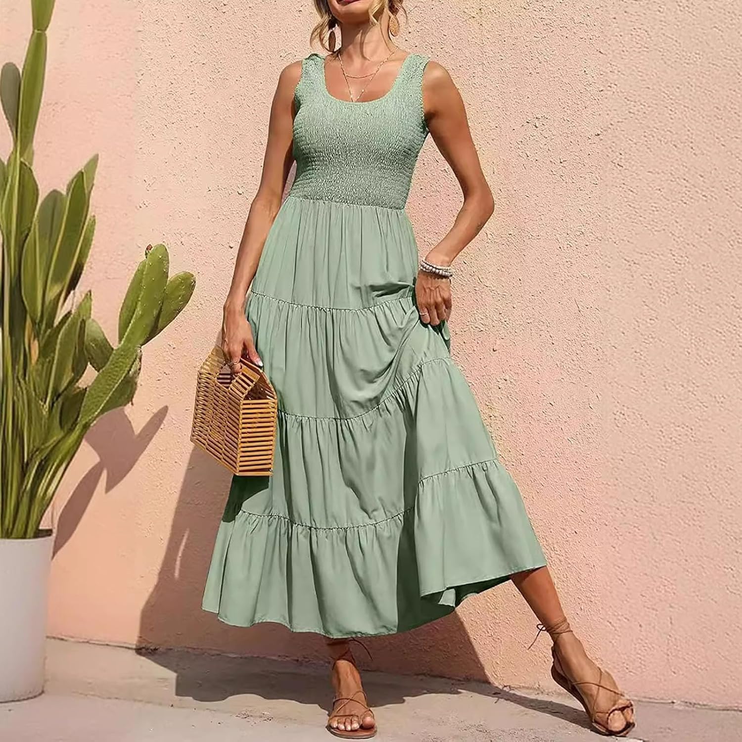 Women Summer Sleeveless Dressees Boho Maxi Dress Casual Smocked Square Neck Sundress a Line Beach Wedding Dresses