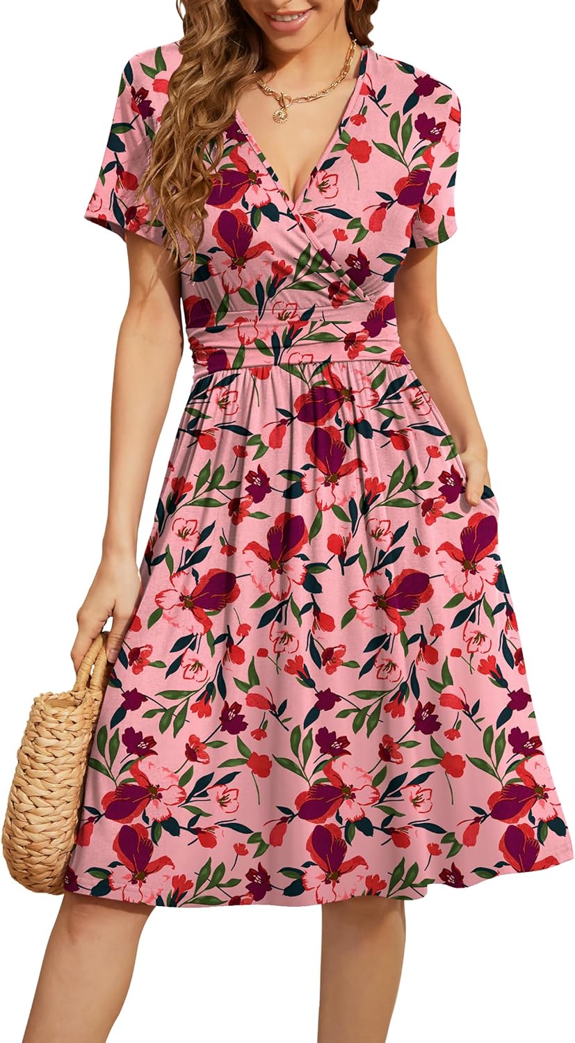 WEACZZY Women's Summer Short Sleeve Casual Dresses V-Neck Floral Party Dress with Pockets