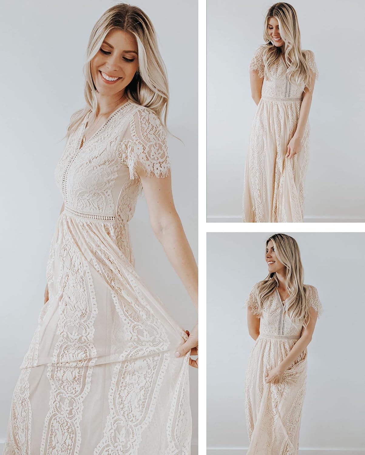 MEROKEETY Women's V Neck Short Sleeve Floral Lace Wedding Dress Bridesmaid Cocktail Party Maxi Dress