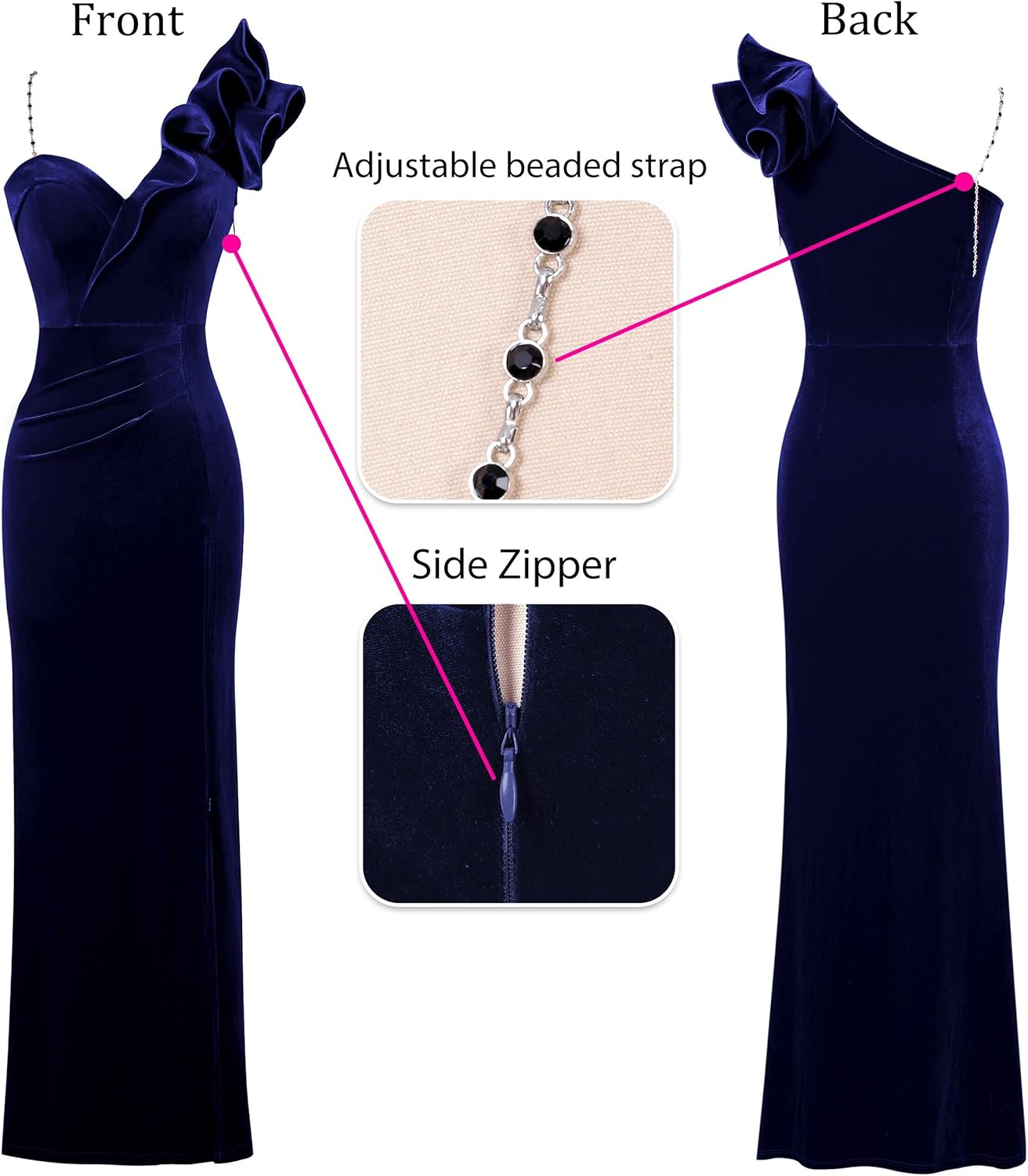 VFSHOW Womens Ruffle One Shoulder Strap Ruched Formal Prom Wedding Maxi Dress V Neck Elegant Split Cocktail Evening Long Gown
