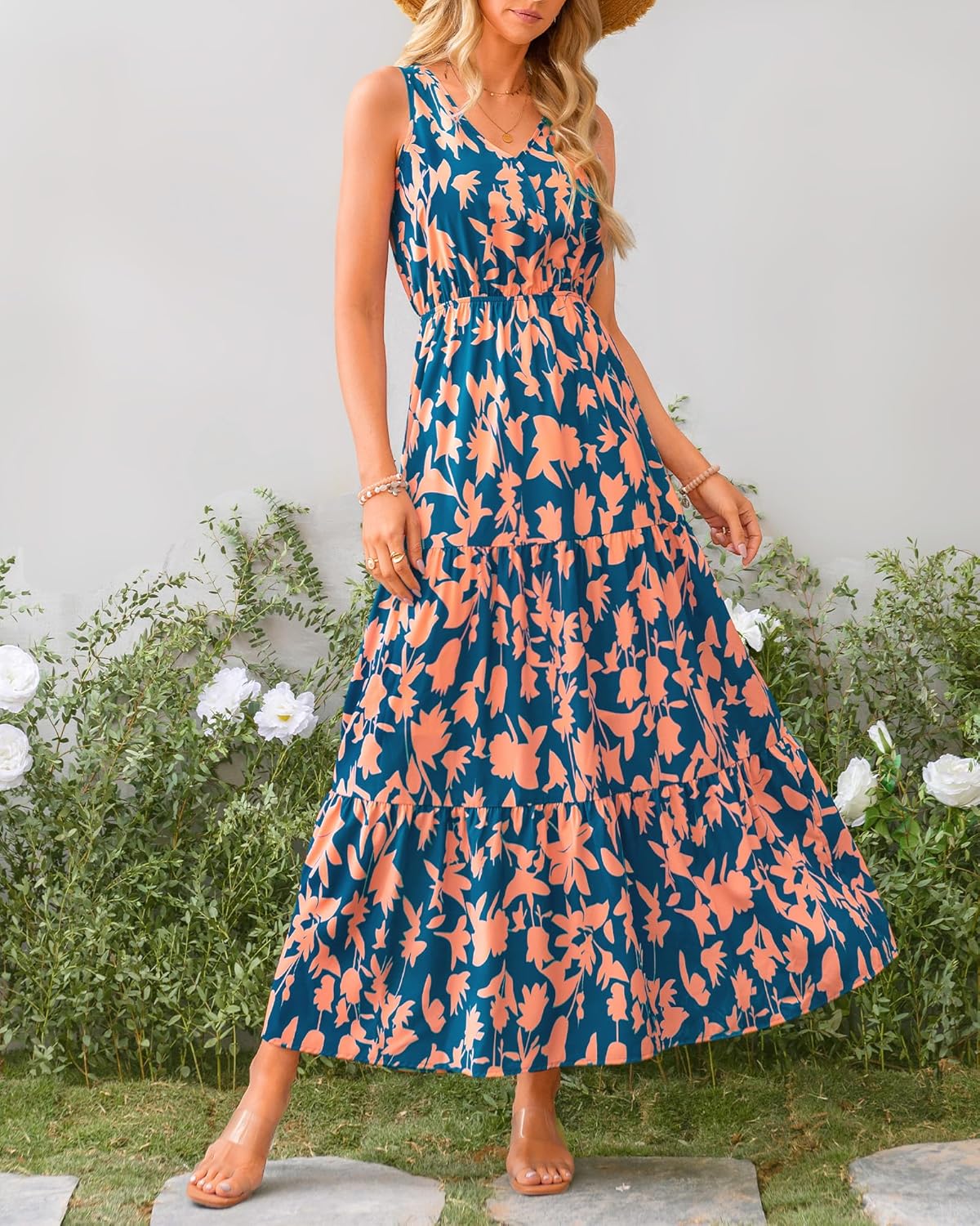 BTFBM Women Summer Dresses Casual Sleeveless Maxi Dresses Cute Floral Long Dress Wedding Guest Dress
