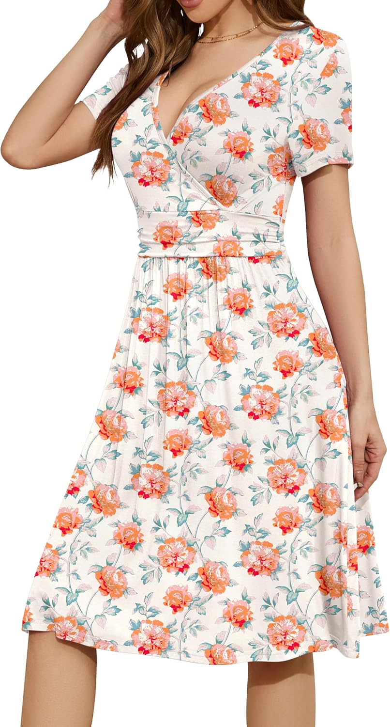 WEACZZY Women's Summer Short Sleeve Casual Dresses V-Neck Floral Party Dress with Pockets