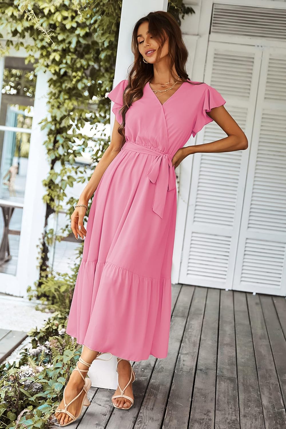 PRETTYGARDEN Women's Summer Floral Boho Dress Wrap V Neck Short Sleeve Ruffle A-Line Flowy Maxi Wedding Guest Dresses