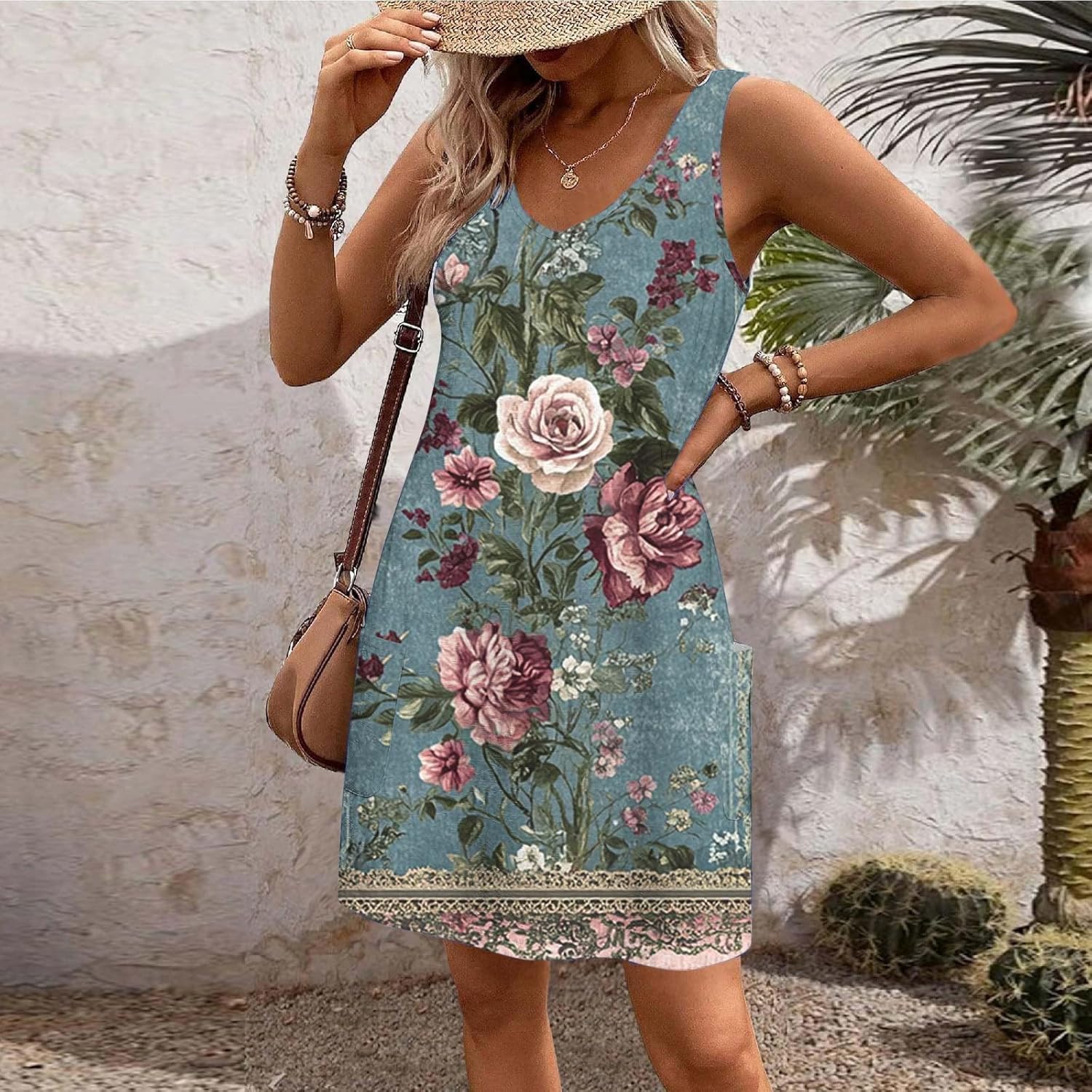 Womens 2025 Spring Summer Dresses Casual Floral Print V-Neck Tank Dress Curve Hem Pleated A-Line Sundresses