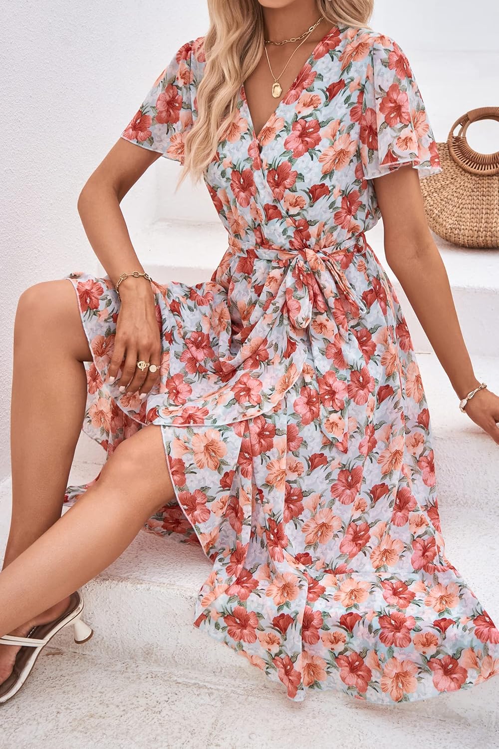 PRETTYGARDEN Women's Summer Floral Boho Dress Wrap V Neck Short Sleeve Ruffle A-Line Flowy Maxi Wedding Guest Dresses
