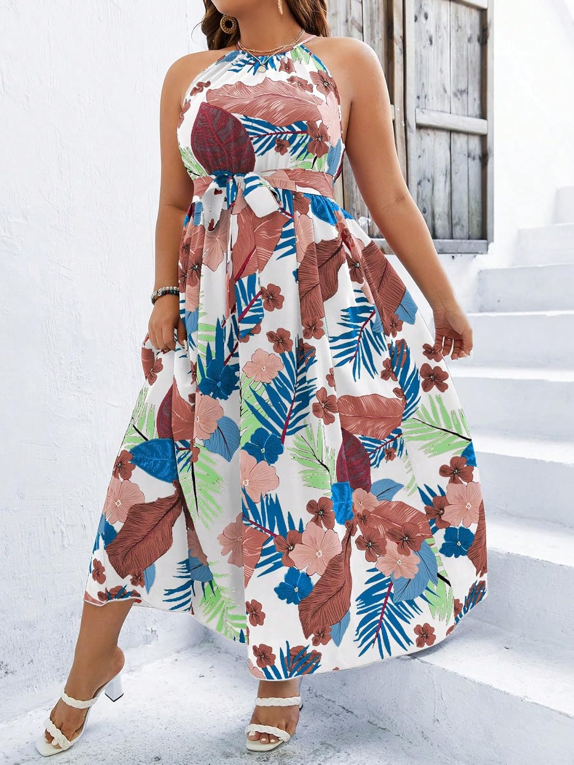 Floerns Women's Plus Size Boho Sleeveless Halter Neck Tie Back A Line Long Dress