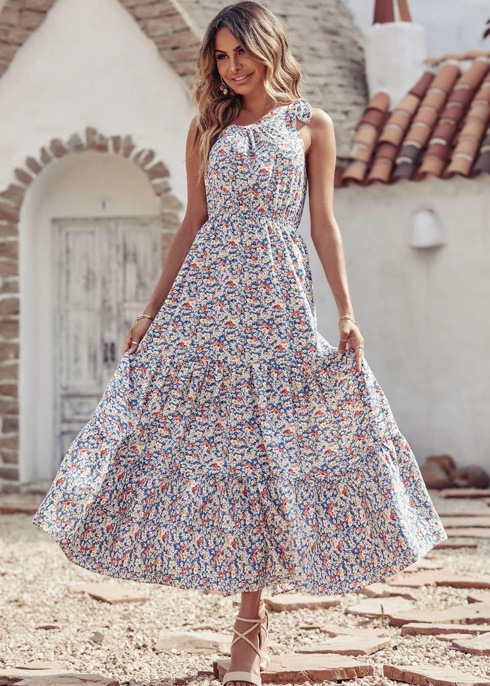 PRETTYGARDEN Women's Summer Floral Maxi Dress Knot One Shoulder Sleeveless Ruffle Flowy Boho Beach Wedding Guest Dresses