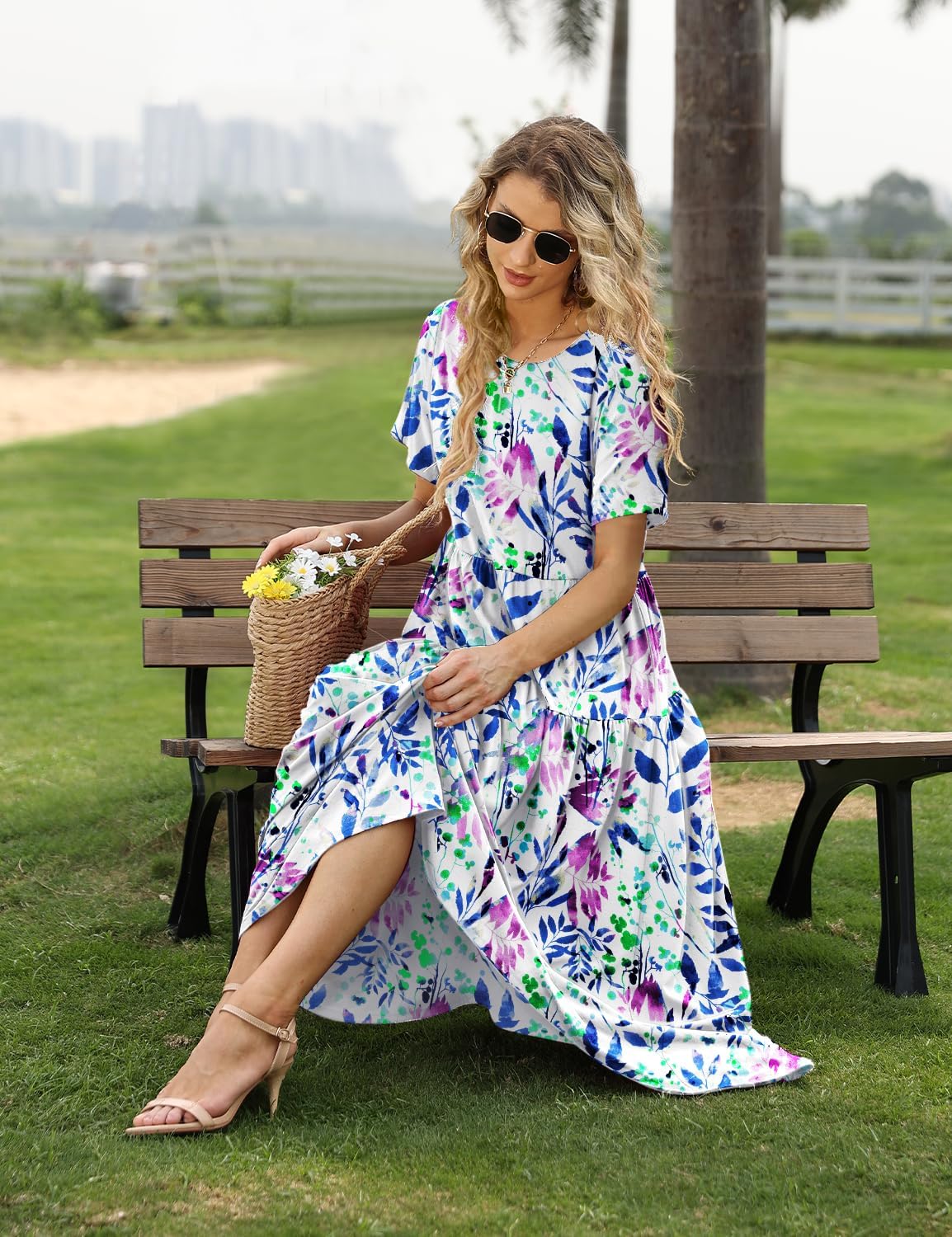 YESNO Women Casual Loose Bohemian Floral Dress with Pockets Short Sleeve Long Maxi Summer Beach Swing Dress EJF