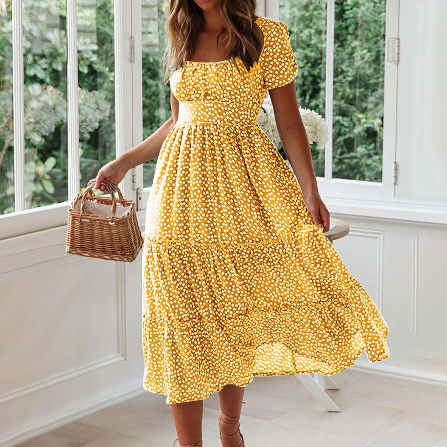 Womens Short Sleeve Dress Dress for Women Scoop Neck Chiffon Beach Hawaiian Pleated Maxi Long Dress 2025