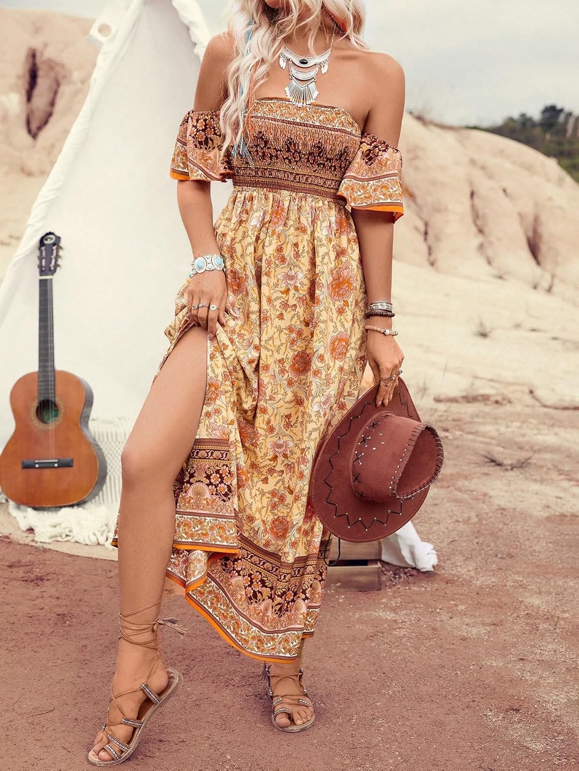 Floerns Women's Boho Floral Print Off Shoulder Split Long A Line Dress