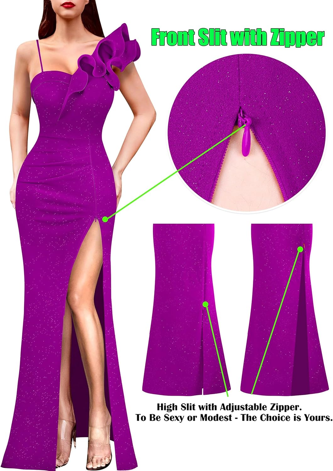 VFSHOW Womens Ruffle One Shoulder Strap Ruched Formal Prom Wedding Maxi Dress V Neck Elegant Split Cocktail Evening Long Gown