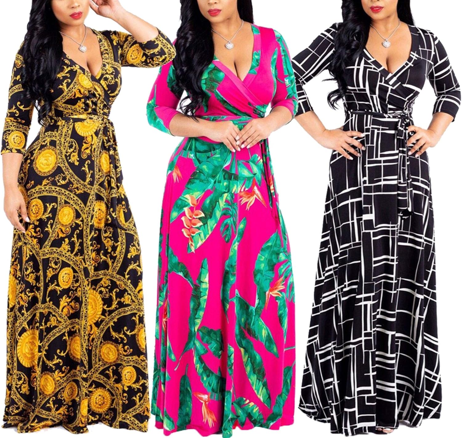 FANDEE Plus Size Maxi Dress for Women Casual Summer Sundress V-Neck 3/4 Sleeve