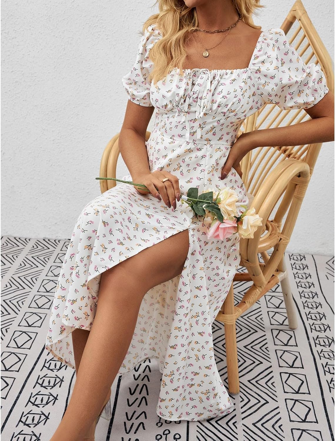 Women's Sundresses 2025 Summer Casual Loose Trendy Bubble Sleeve Square Neck Split Bow Floral Print Dress Plus Size, XS-3XL