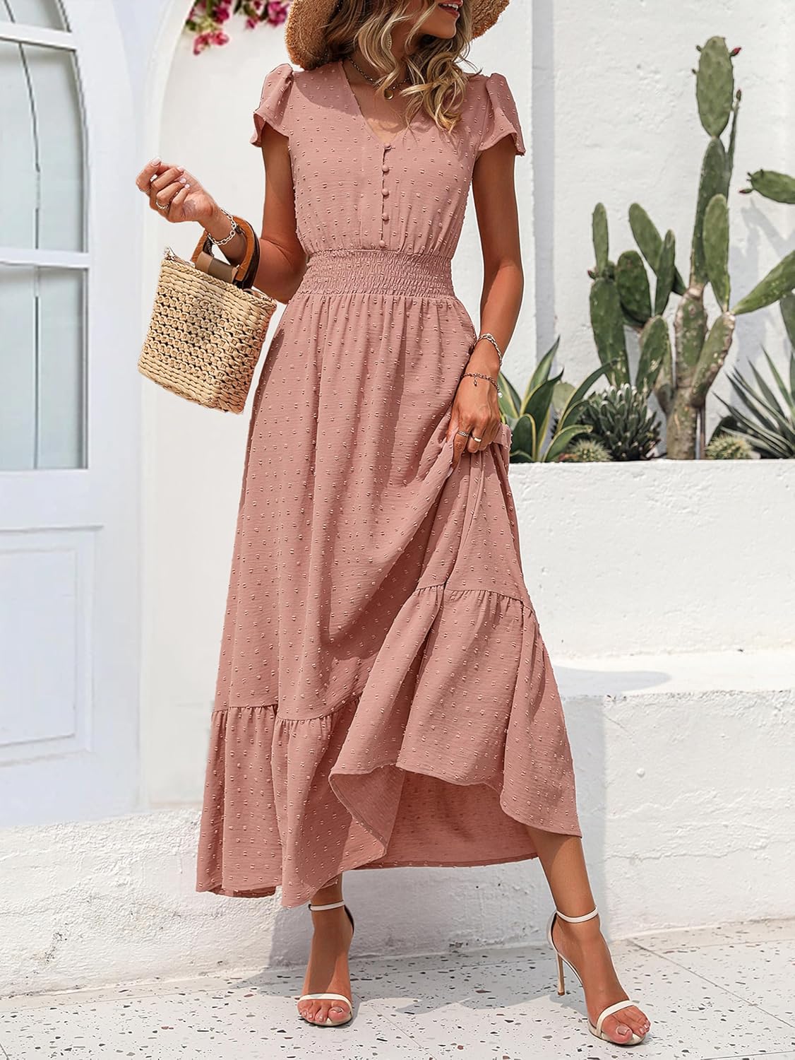 PRETTYGARDEN Womens Dresses 2025 Summer Maxi Dress Boho Short Sleeve V Neck Swiss Dot Ruffle Tiered Smocked Flowy Long Dress