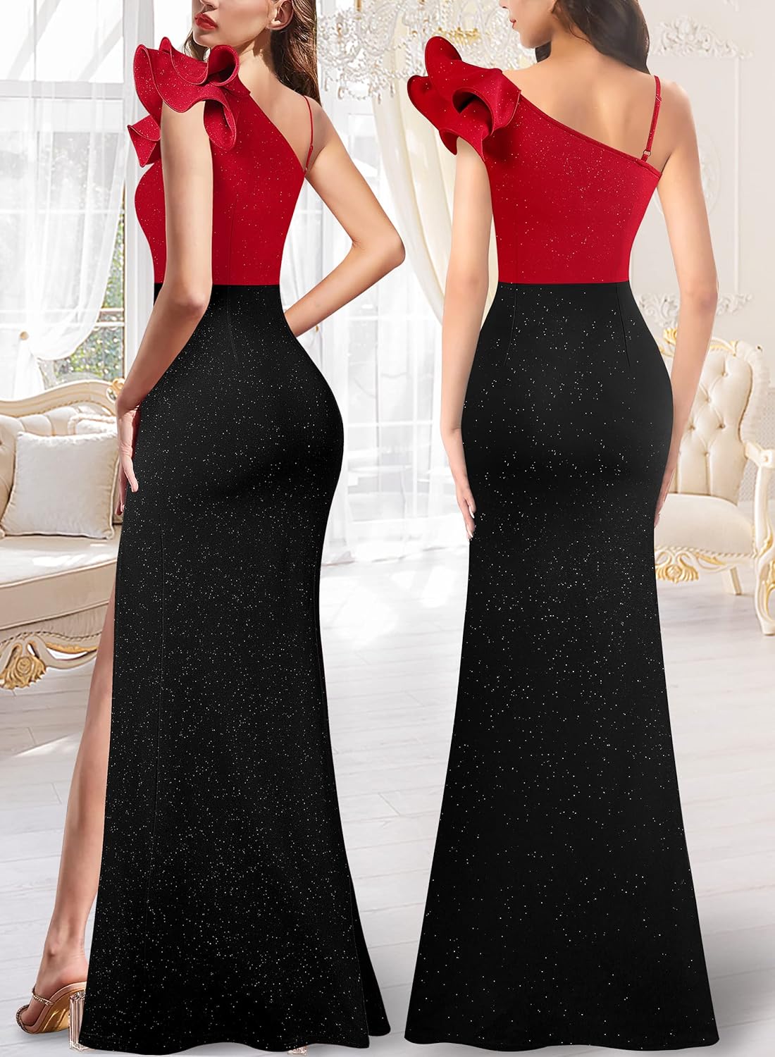 VFSHOW Womens Ruffle One Shoulder Strap Ruched Formal Prom Wedding Maxi Dress V Neck Elegant Split Cocktail Evening Long Gown