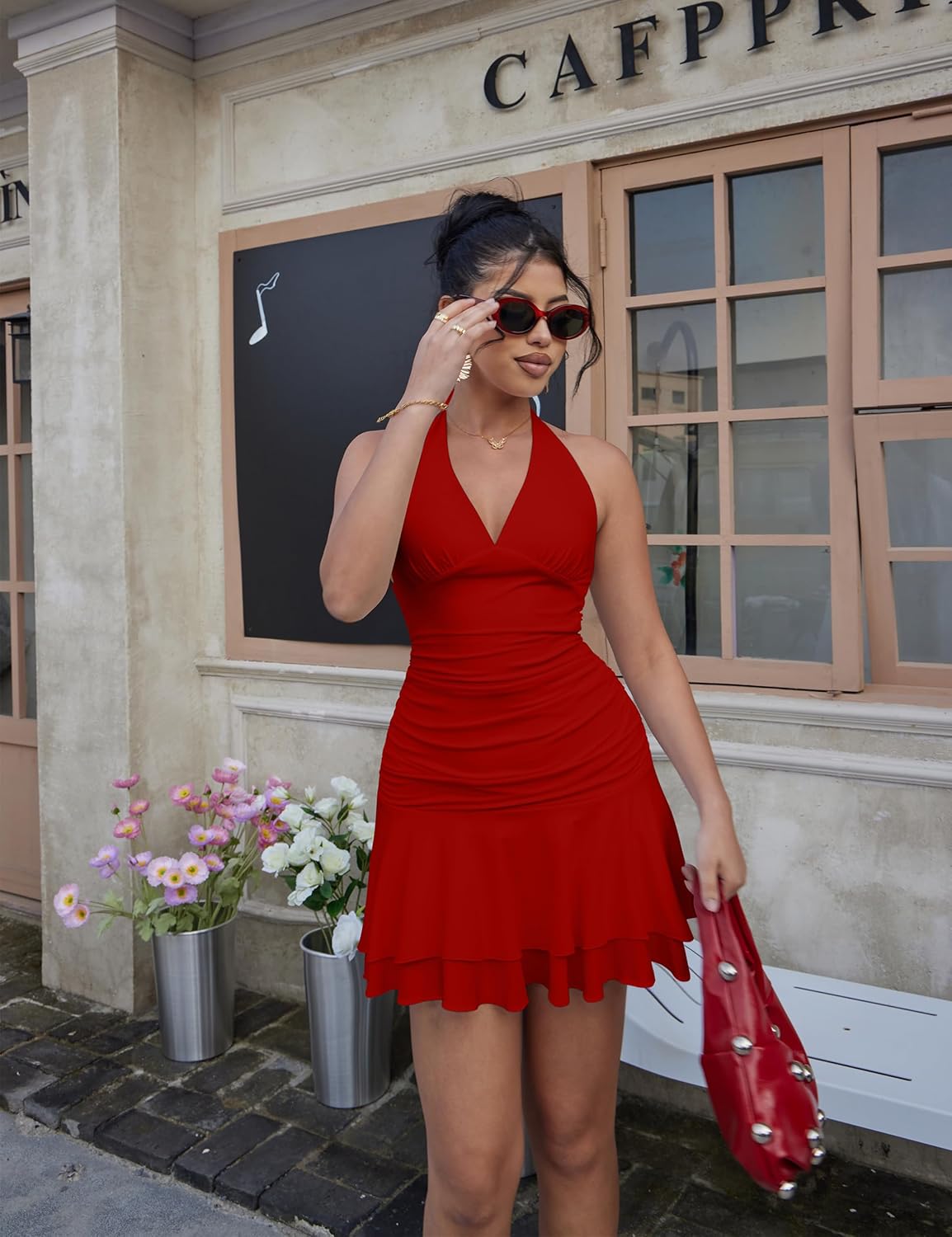 BEAGIMEG Women's Sexy Bodycon Sleeveless V Neck Ruched Halter Backless Party Club Mini Dress