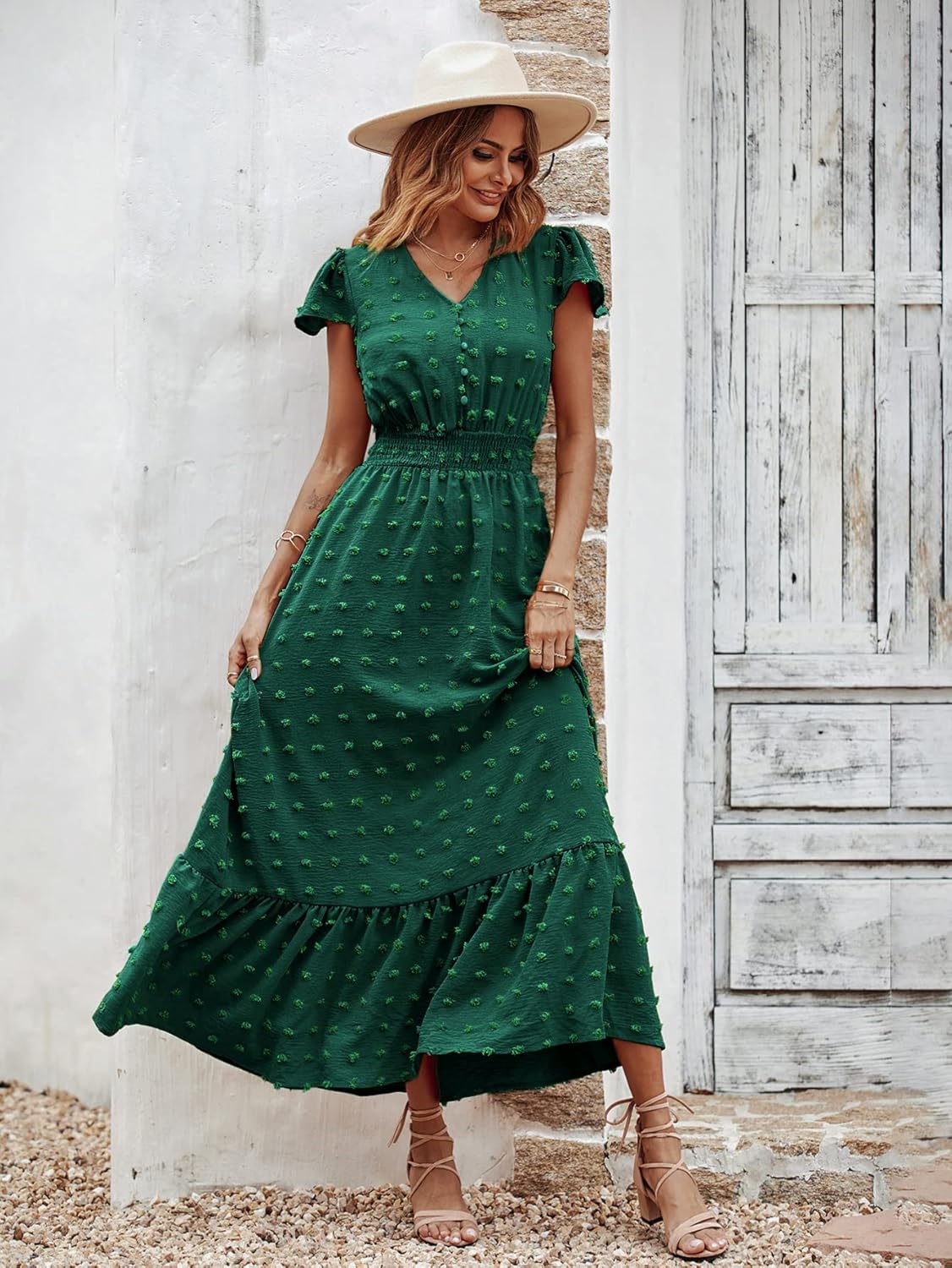 PRETTYGARDEN Womens Dresses 2025 Summer Maxi Dress Boho Short Sleeve V Neck Swiss Dot Ruffle Tiered Smocked Flowy Long Dress