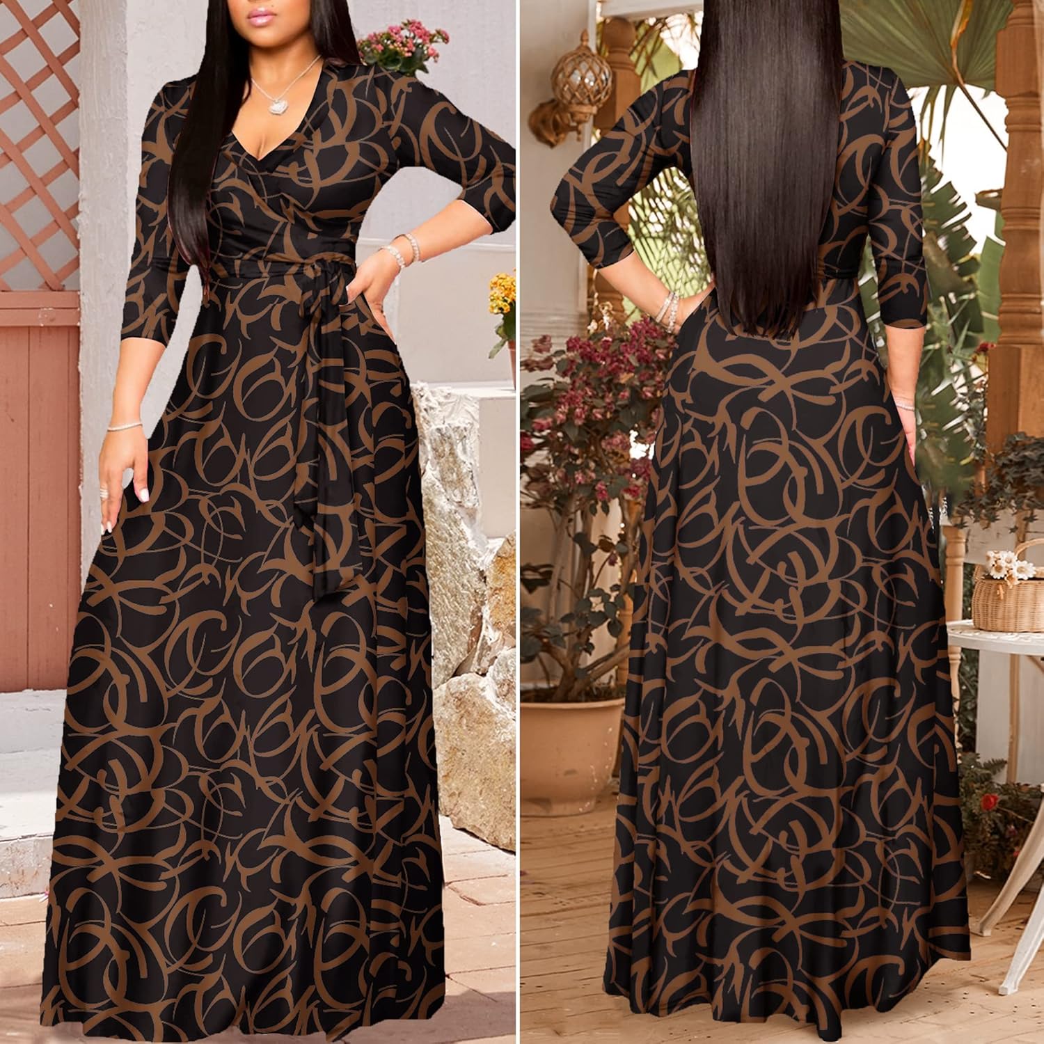 FANDEE Plus Size Maxi Dress for Women Casual Summer Sundress V-Neck 3/4 Sleeve