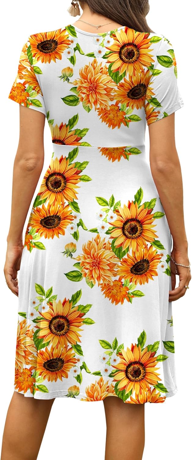 WEACZZY Women's Summer Short Sleeve Casual Dresses V-Neck Floral Party Dress with Pockets