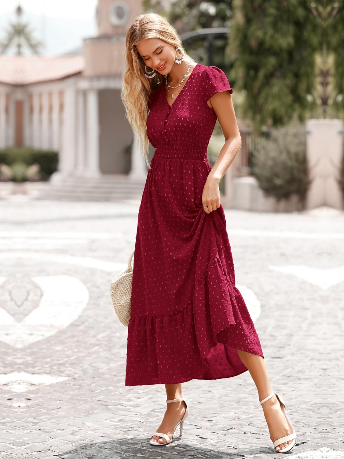 PRETTYGARDEN Womens Dresses 2025 Summer Maxi Dress Boho Short Sleeve V Neck Swiss Dot Ruffle Tiered Smocked Flowy Long Dress