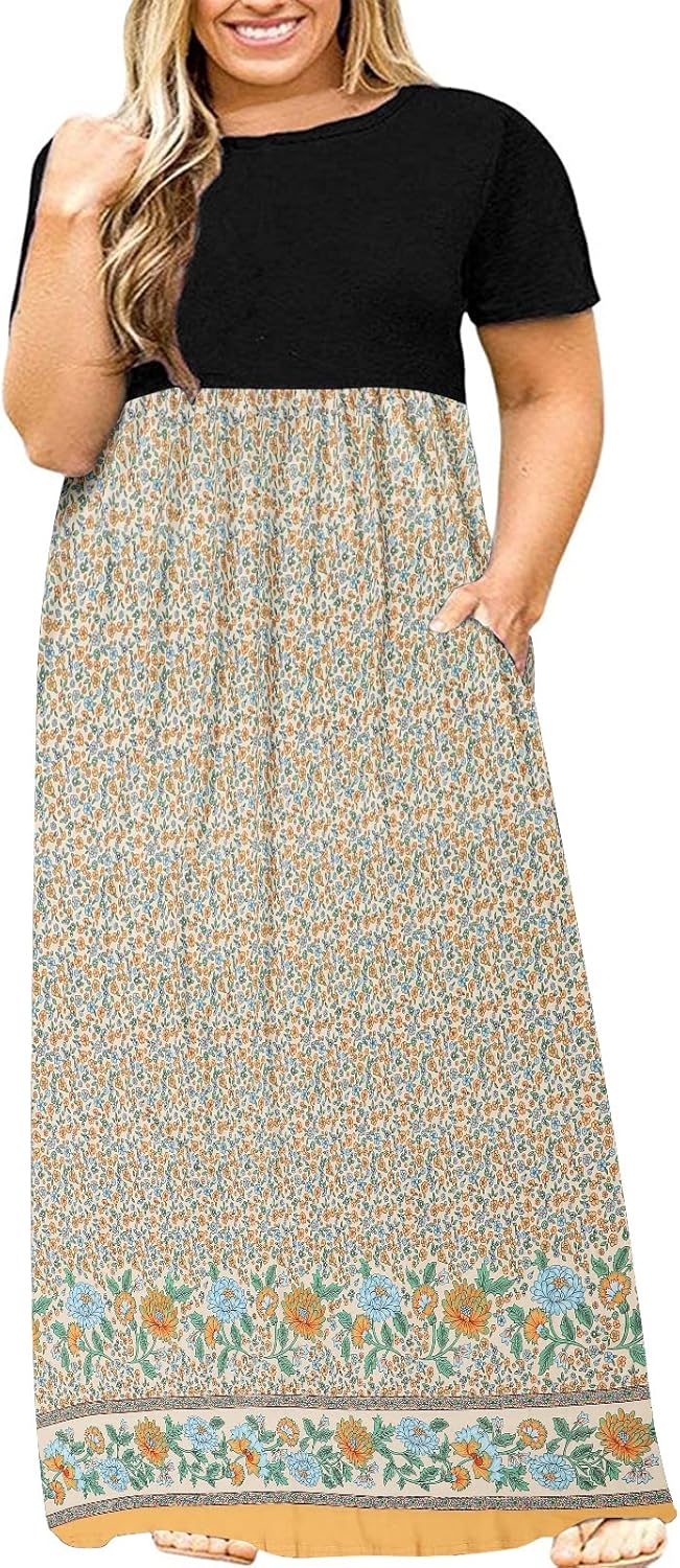 Kancystore Women's Short Sleeve Plus Size Maxi Dress with Pockets Loose Casual Summer Dresses